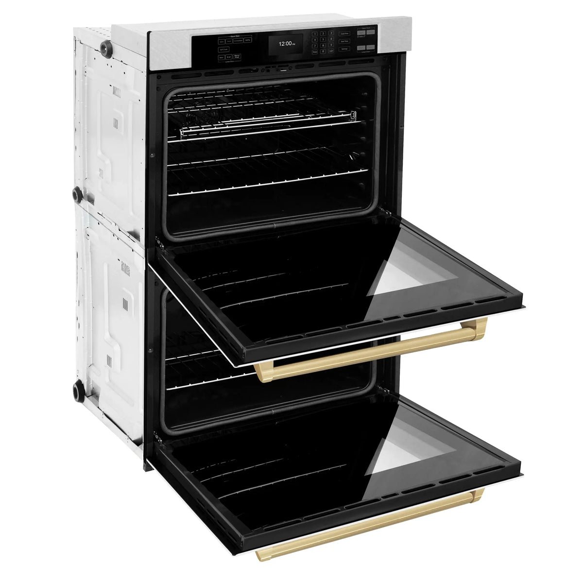 Double wall oven with doors open, black interior racks, bronze front handle bar, tray slides