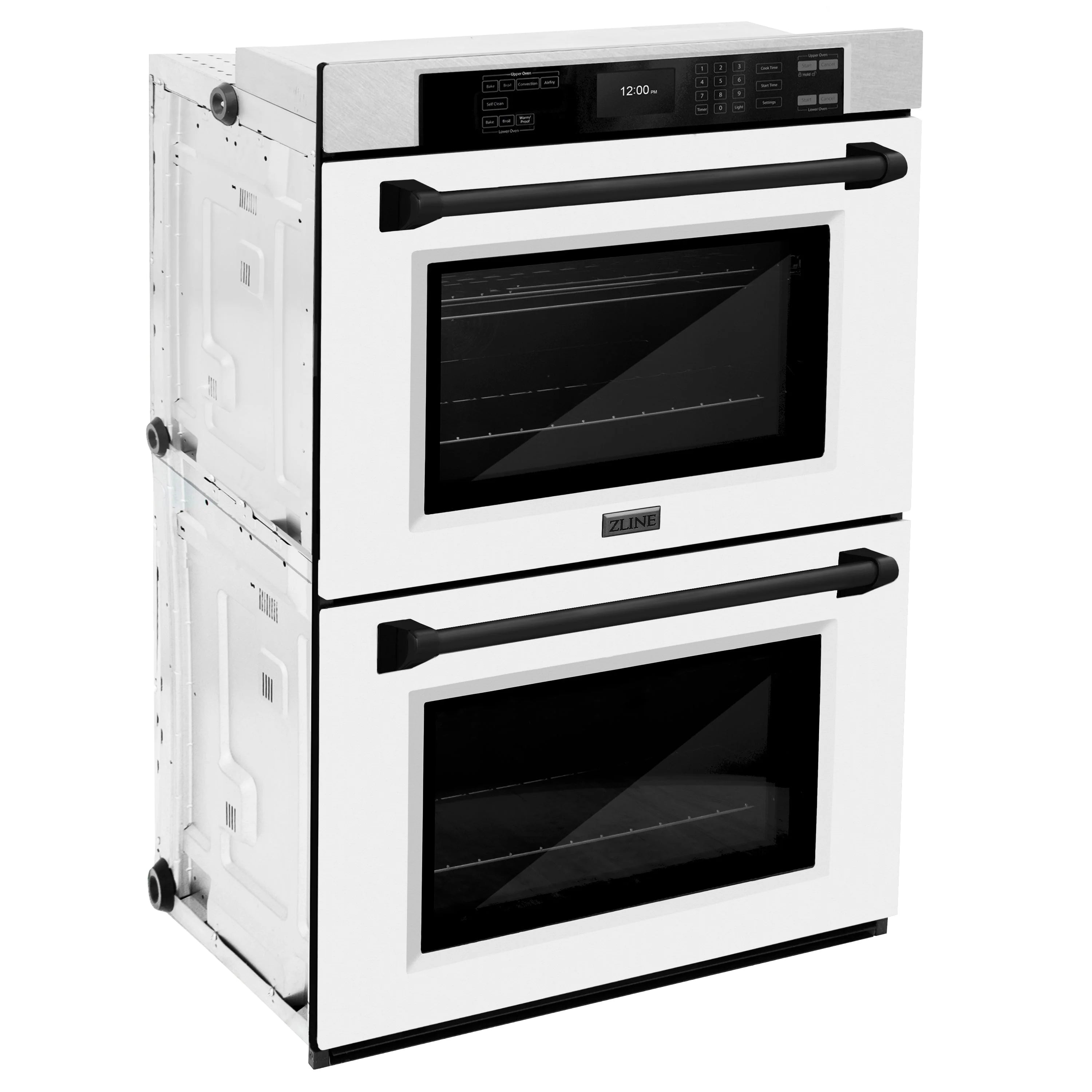 Stainless double wall oven side view with white matte doors and matte black handles