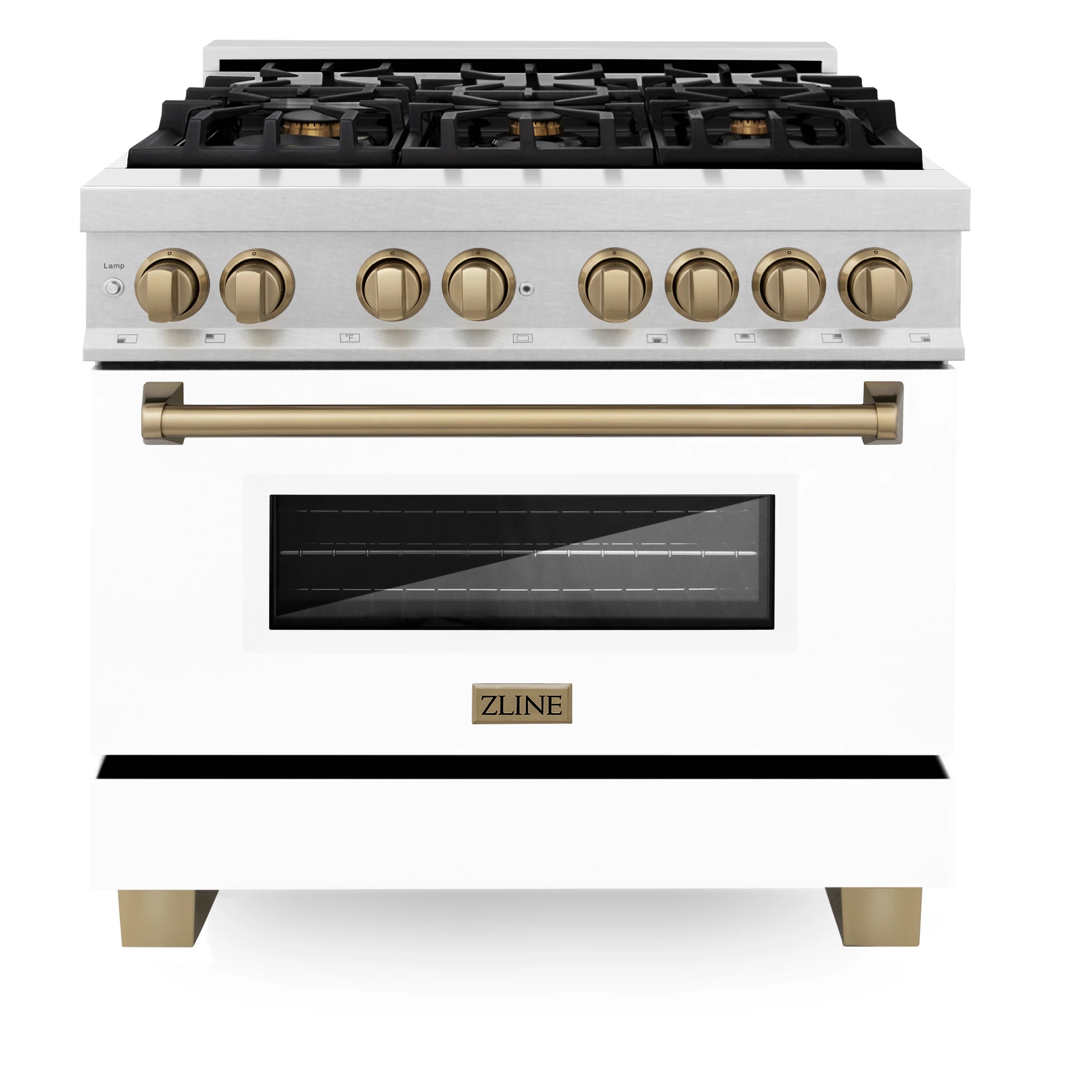 Dual fuel range front view with black grates, gold handle, brass control knobs, and oven window