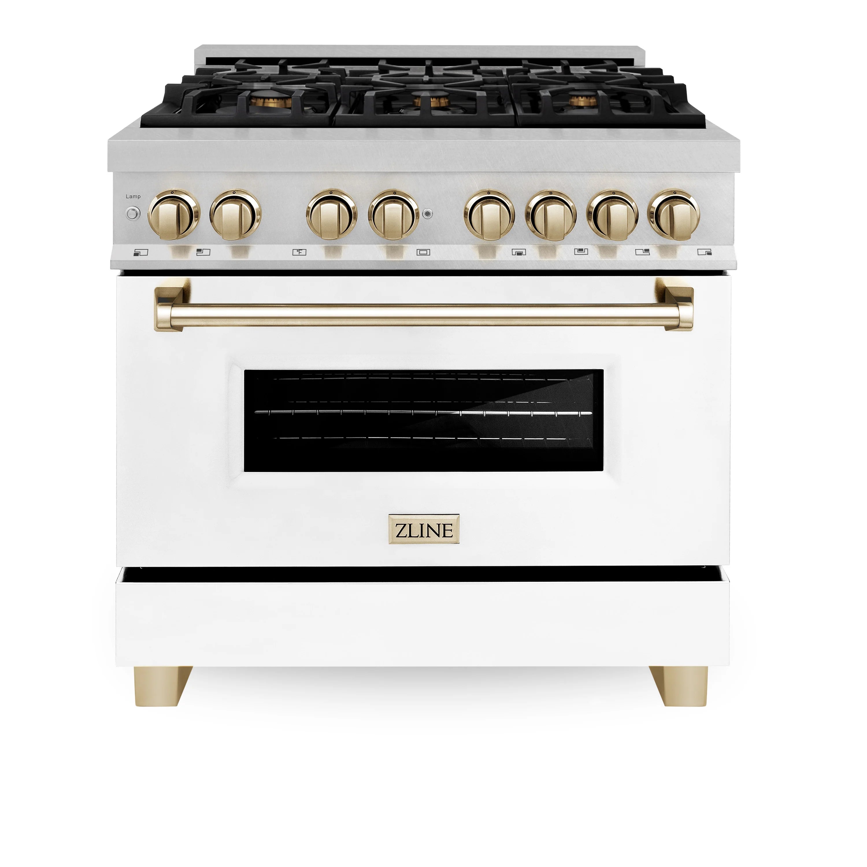 White dual fuel range with black cooktop, gold control knobs, and oven window