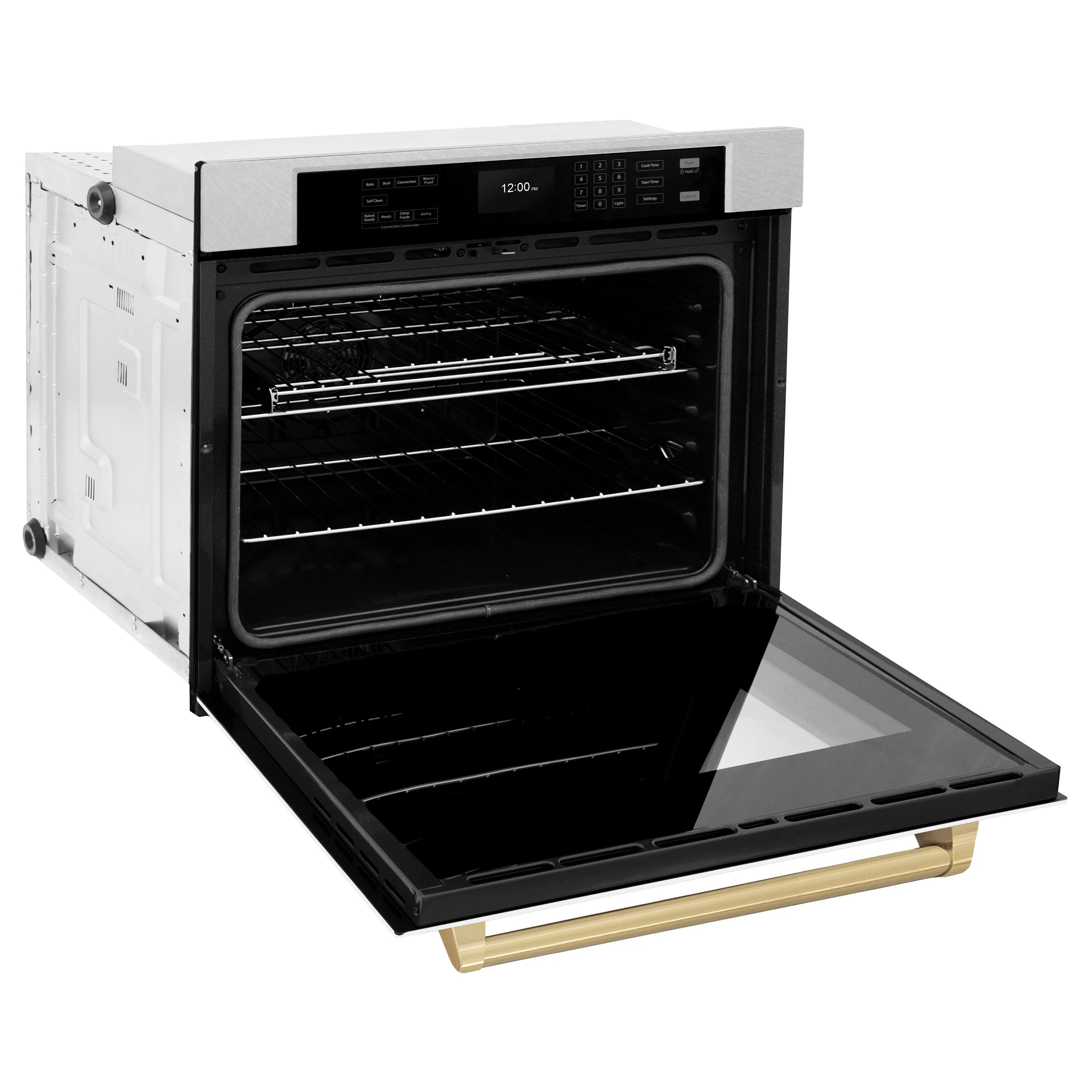 Open built-in oven with wire racks inside and champagne bronze handle