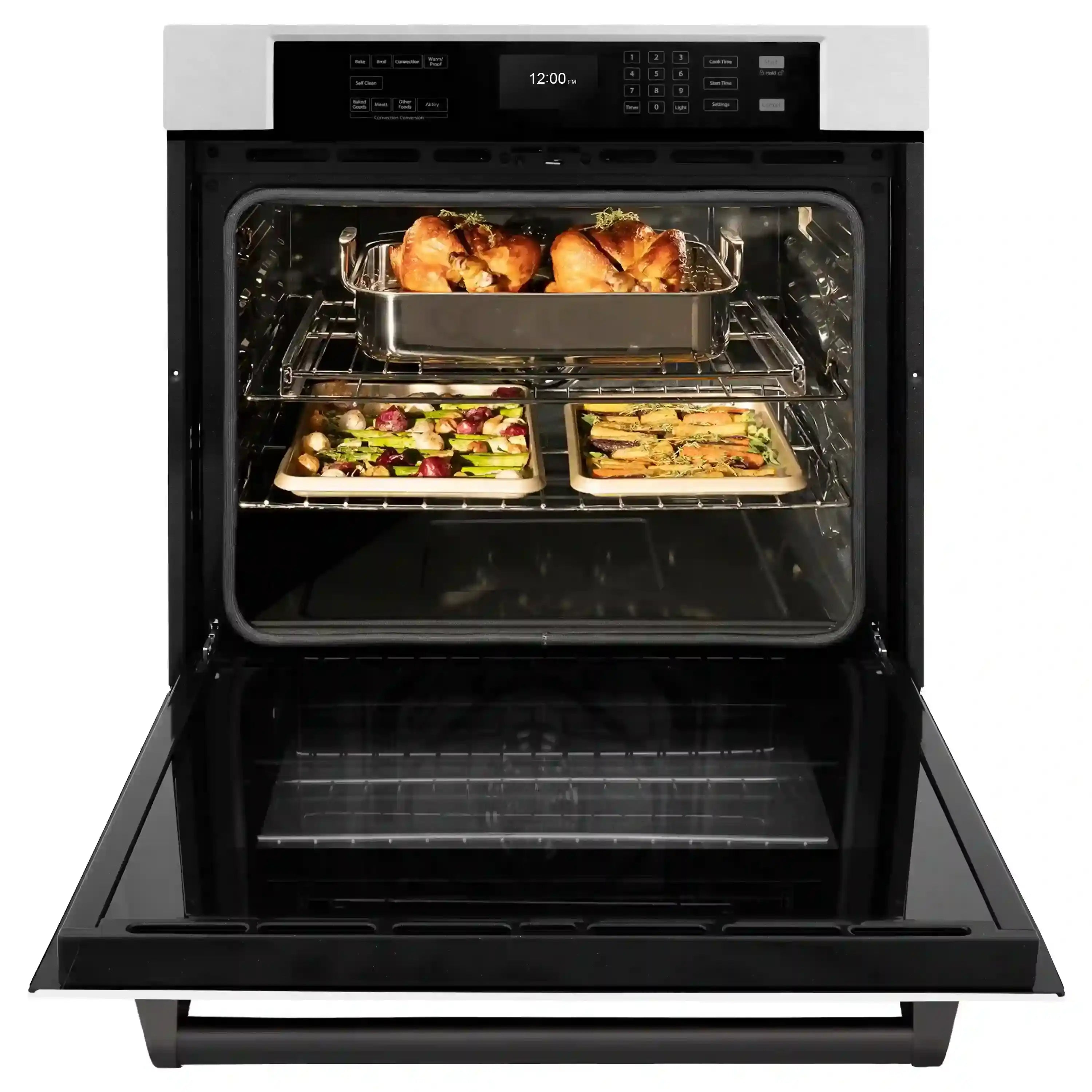 Stainless steel wall oven with open door, black interior, wire racks and trays