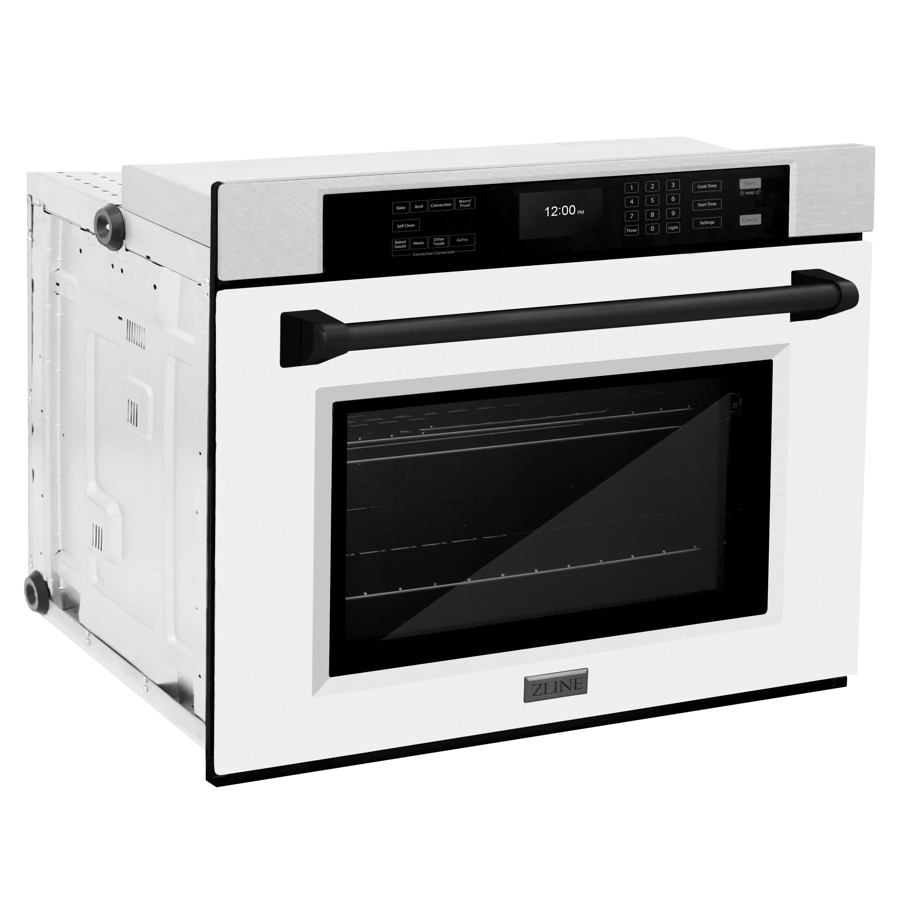 White matte door wall oven with black window and control panel, side view with handle