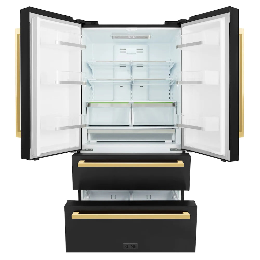 Open French door refrigerator with interior shelves and freezer drawer