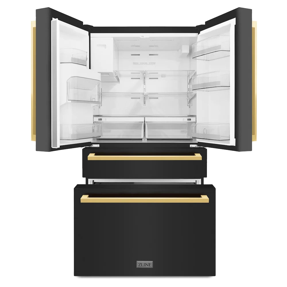 Open black French door refrigerator with gold handles and pull-out freezer drawer