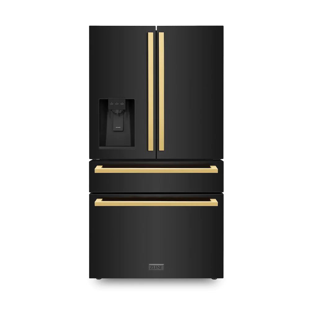 Black French door refrigerator front with gold bar handles and water/ice dispenser