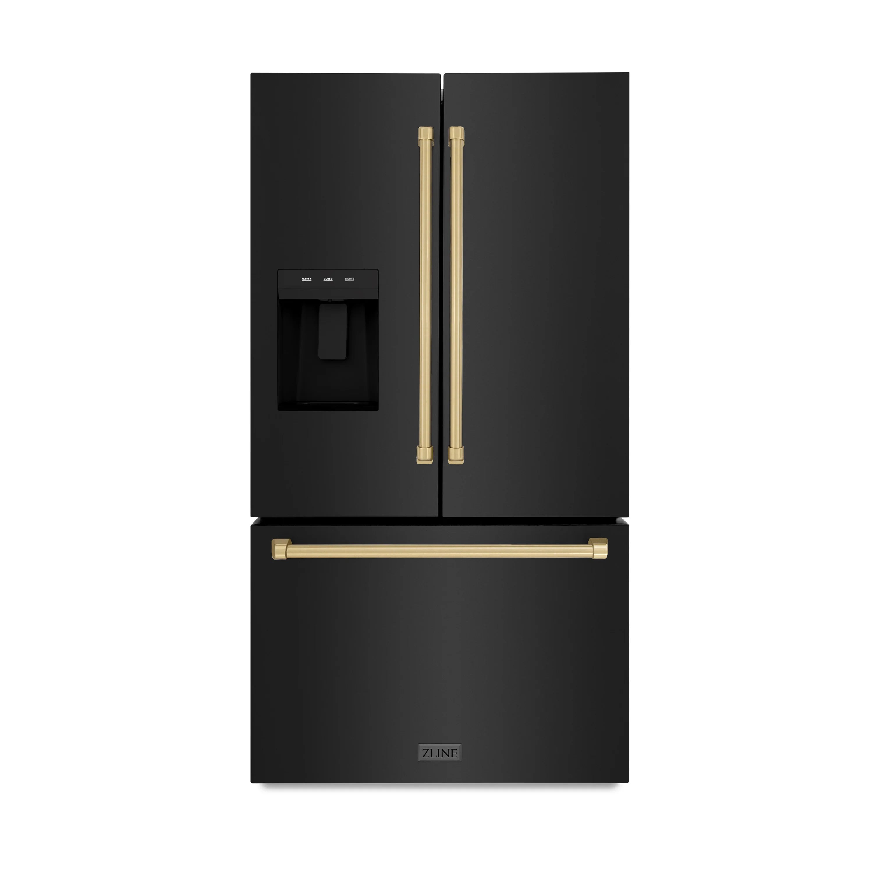 Black stainless steel French-door refrigerator front with gold dispenser and handles