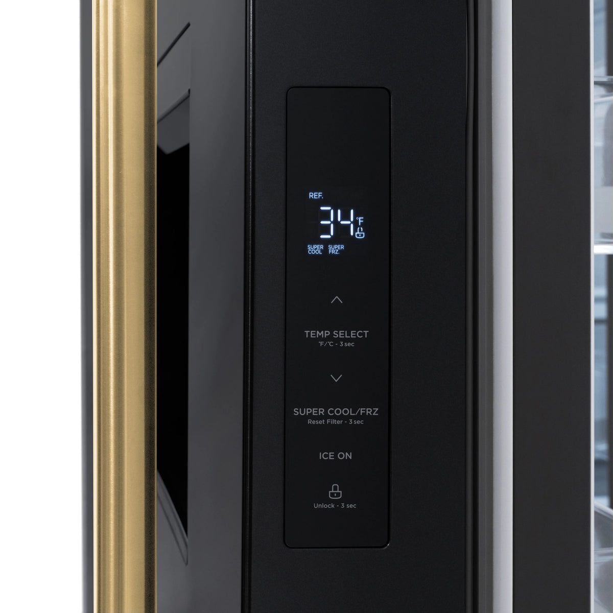 Black French door refrigerator control panel with temperature and ice settings