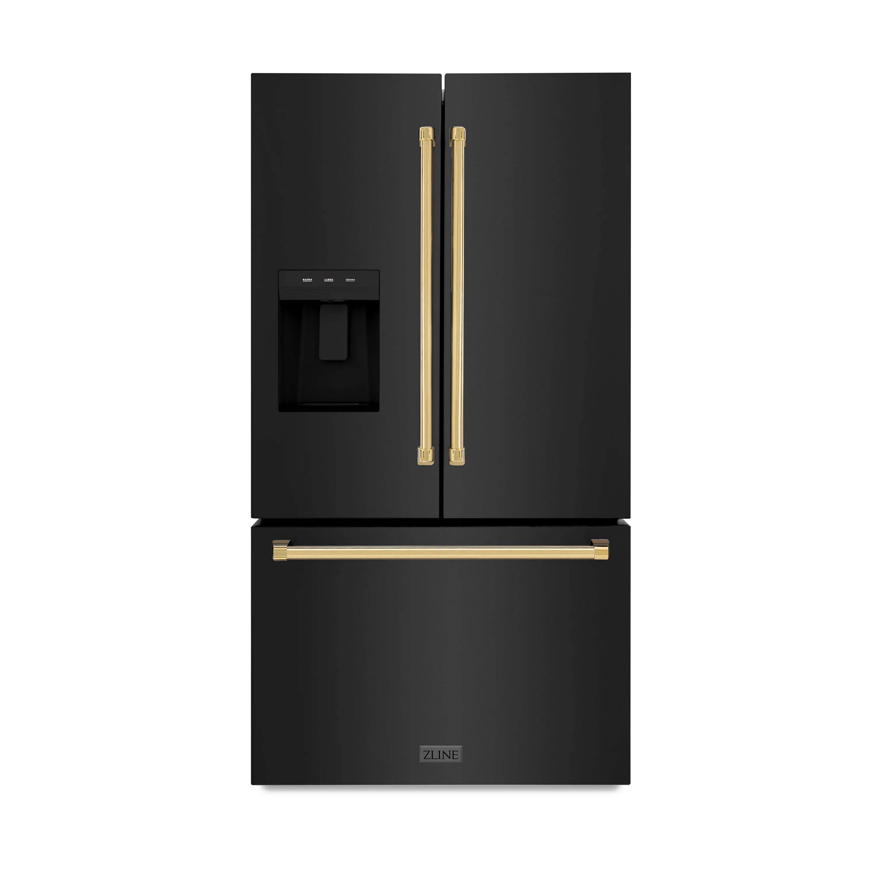 Black stainless French door refrigerator with polished gold handles and water dispenser