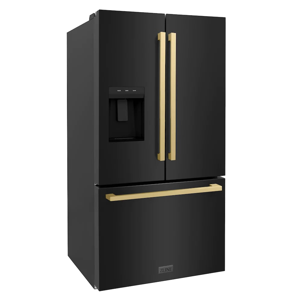 Black stainless French-door refrigerator with champagne bronze square handles and water dispenser