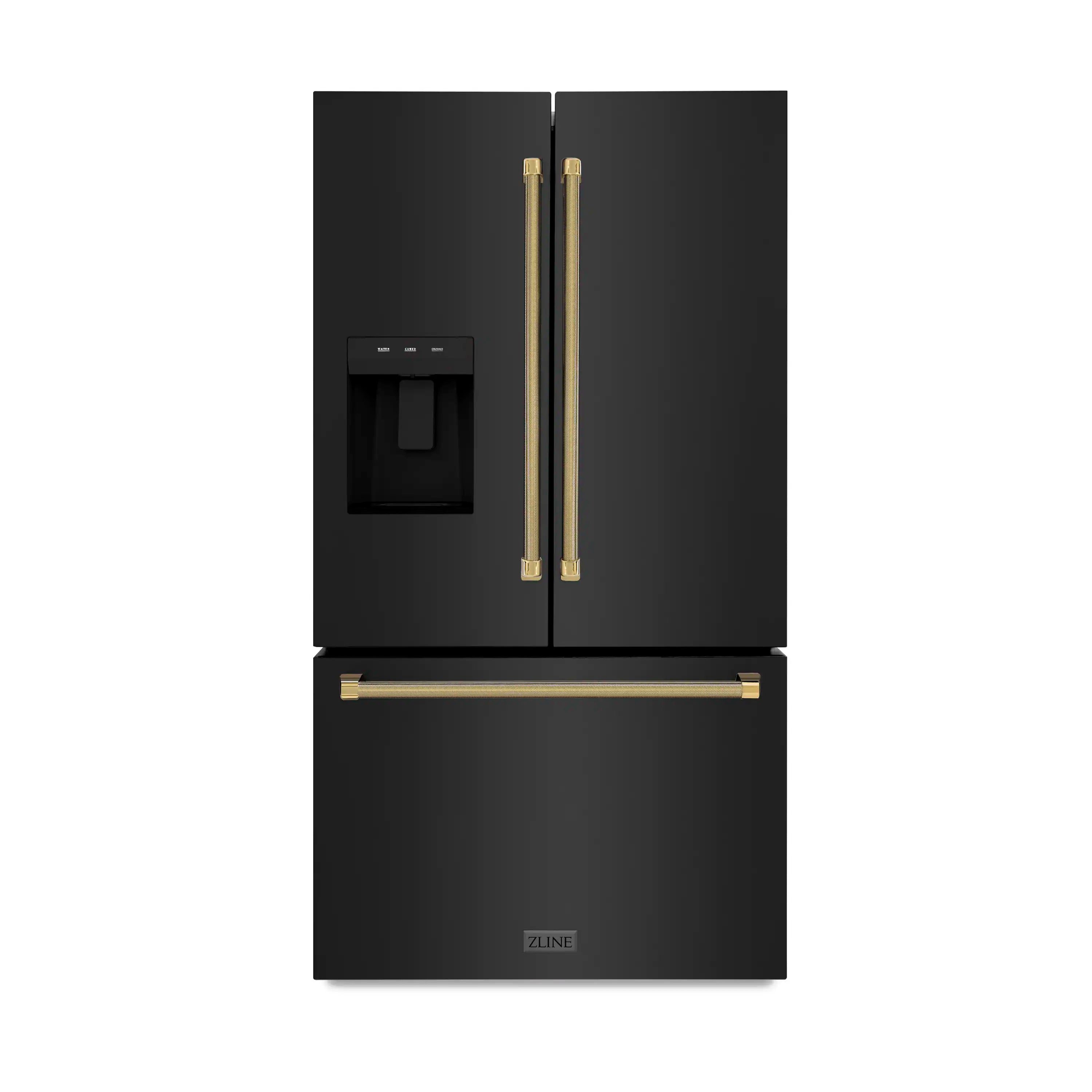 Black stainless French door refrigerator with dual gold helix handles and water dispenser