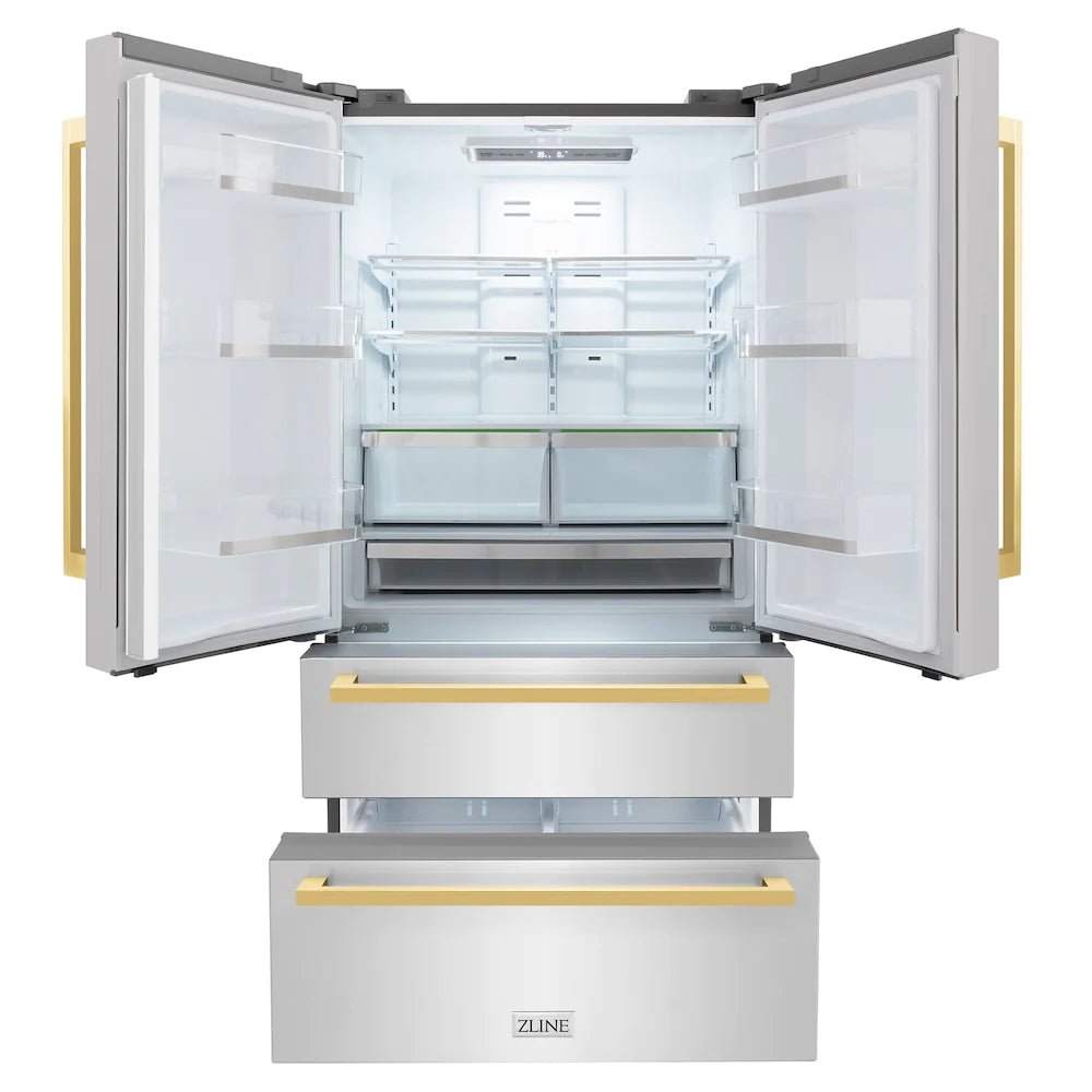 Stainless steel 4-door French door refrigerator with open doors and gold square handles