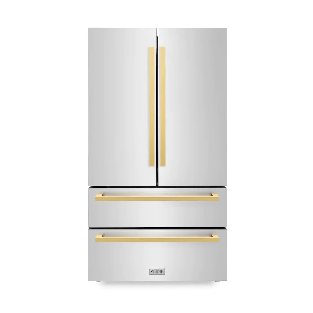 Stainless steel French door refrigerator with polished gold square handles and ZLINE logo