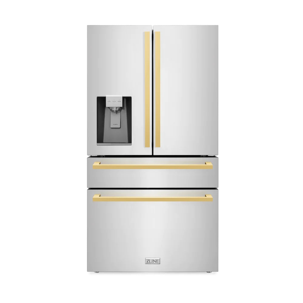 Stainless steel 4-door refrigerator with gold handles and dispenser area