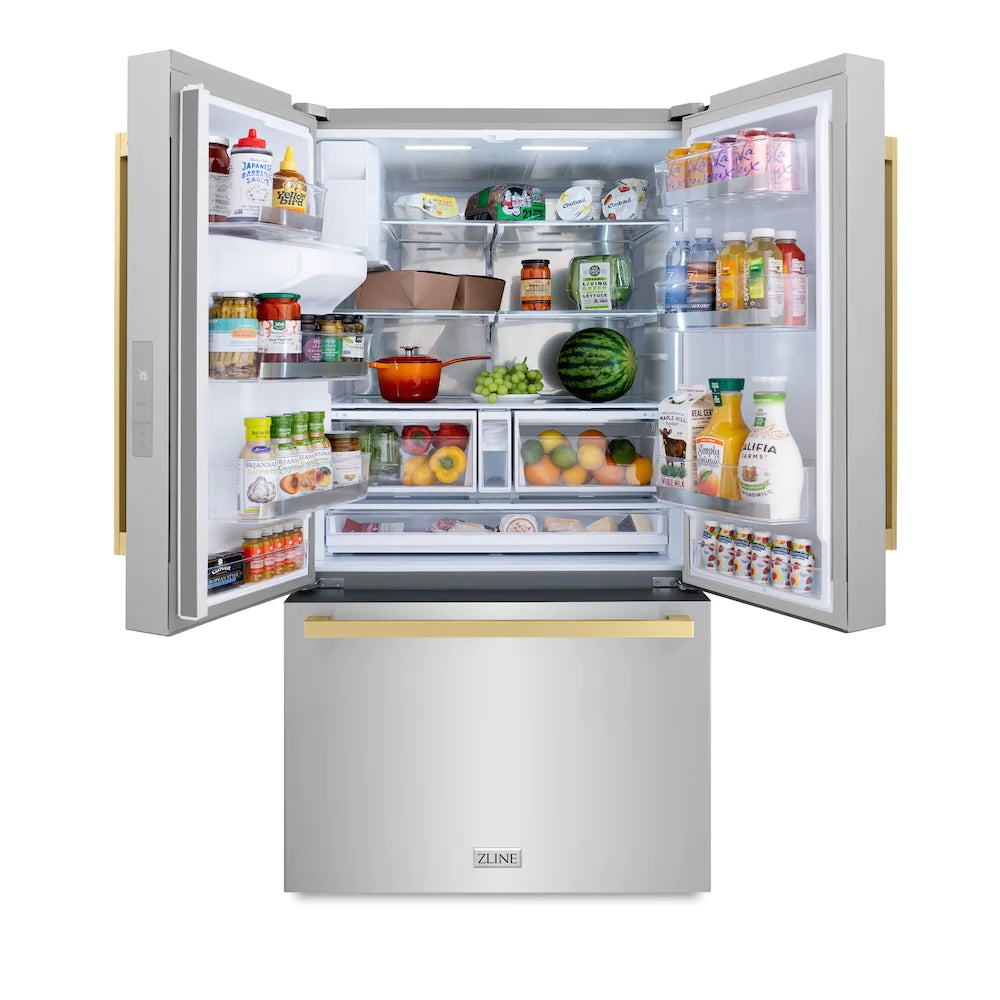 Refrigerator with both doors open, interior shelves and bins visible, water dispenser area