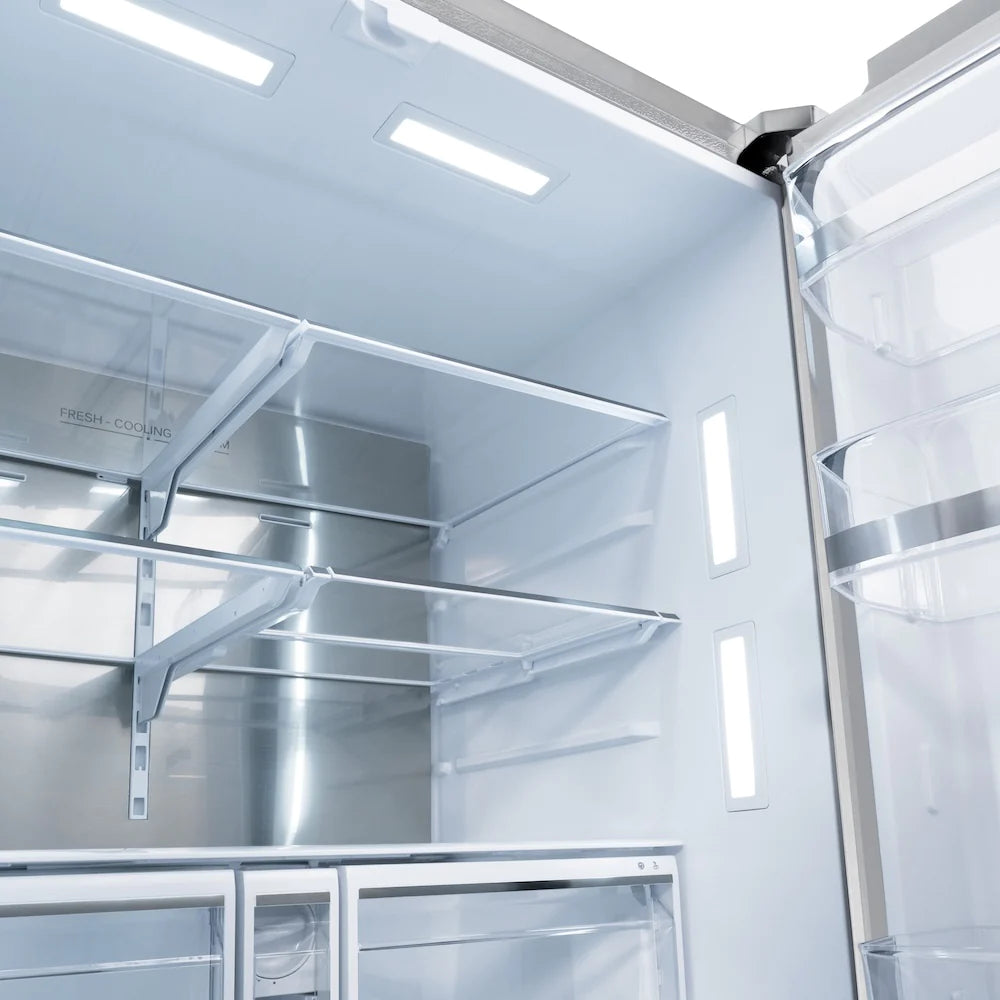 Refrigerator interior with bright light, wire shelves, and door bins