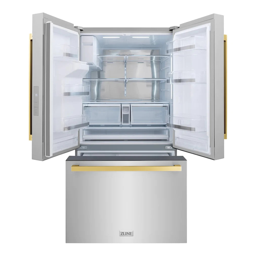 French-door refrigerator interior with open doors, shelves, and clear bins