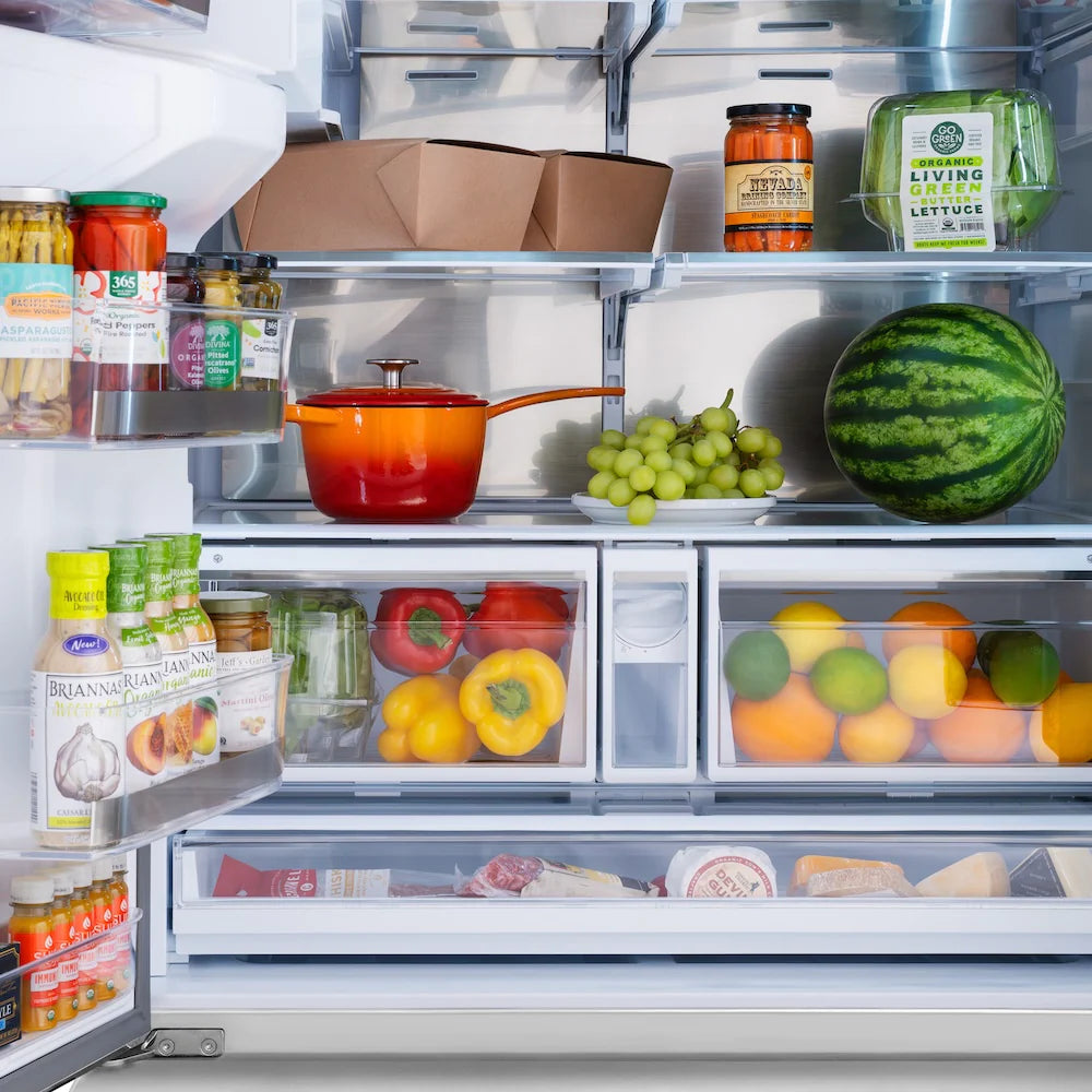 Refrigerator interior with shelves, produce, and food containers