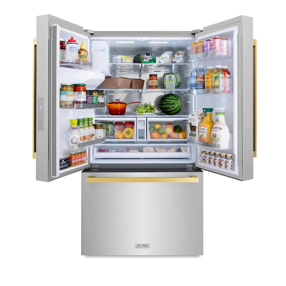 French-door refrigerator with doors open, stocked interior shelves and bins