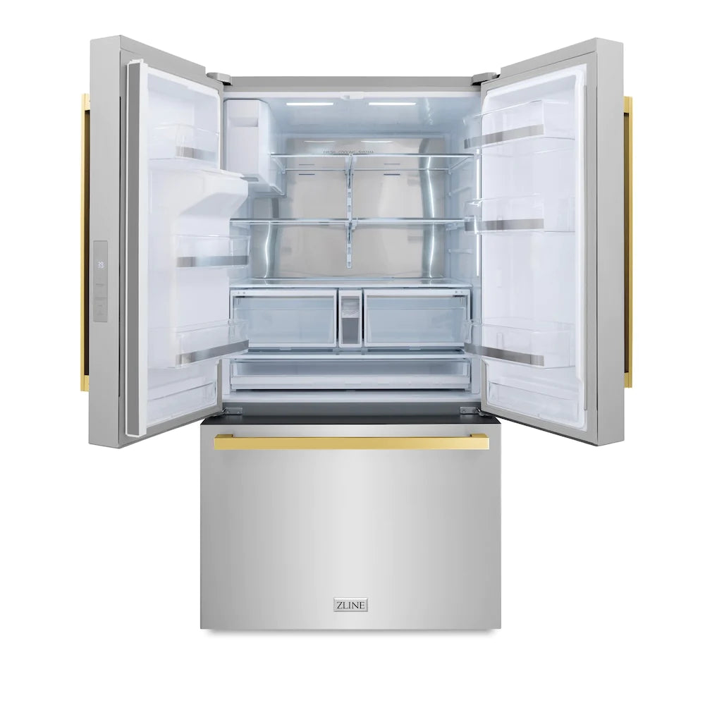 French-door refrigerator interior with open doors, shelves, and central drawer