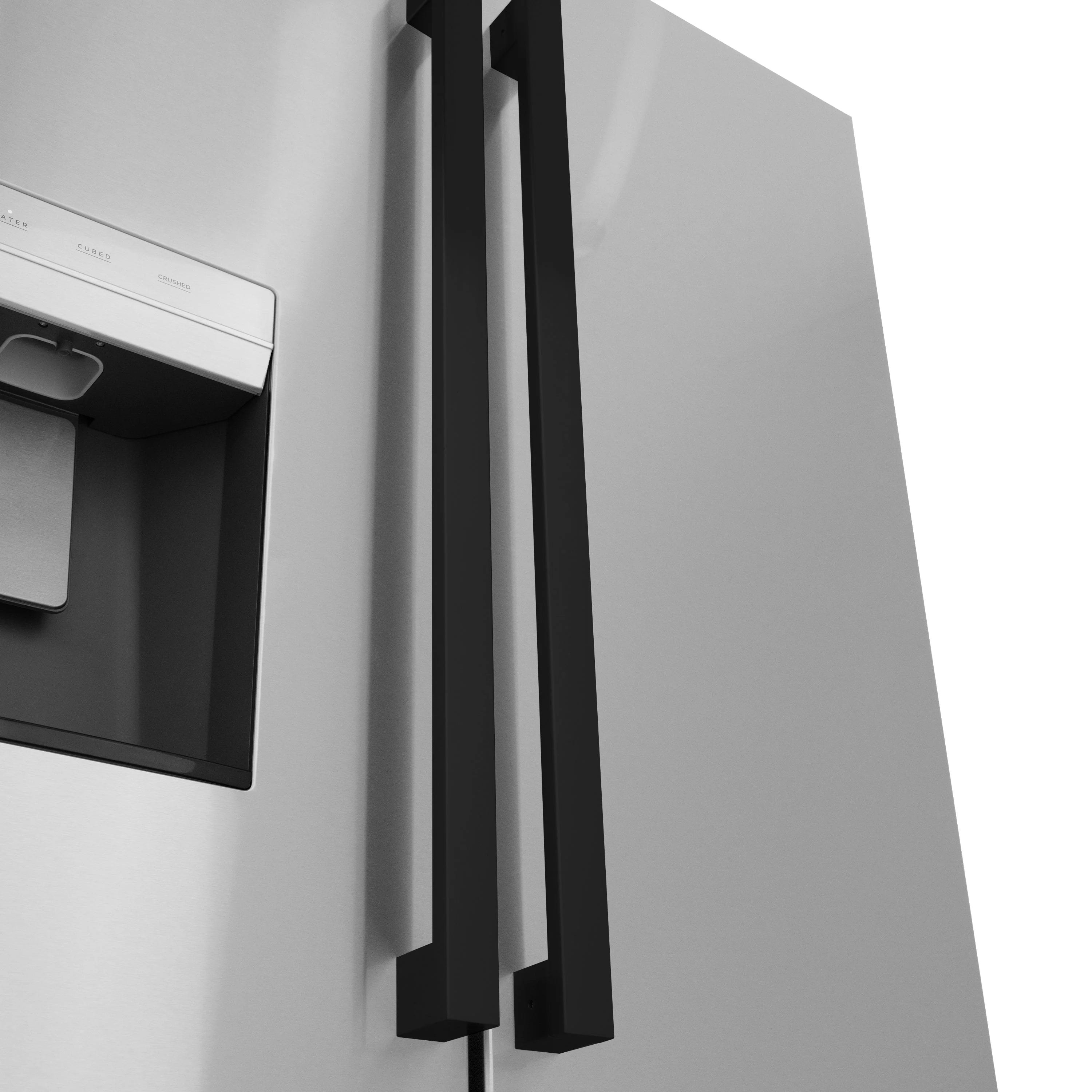 French door refrigerator with matte black vertical bar handles