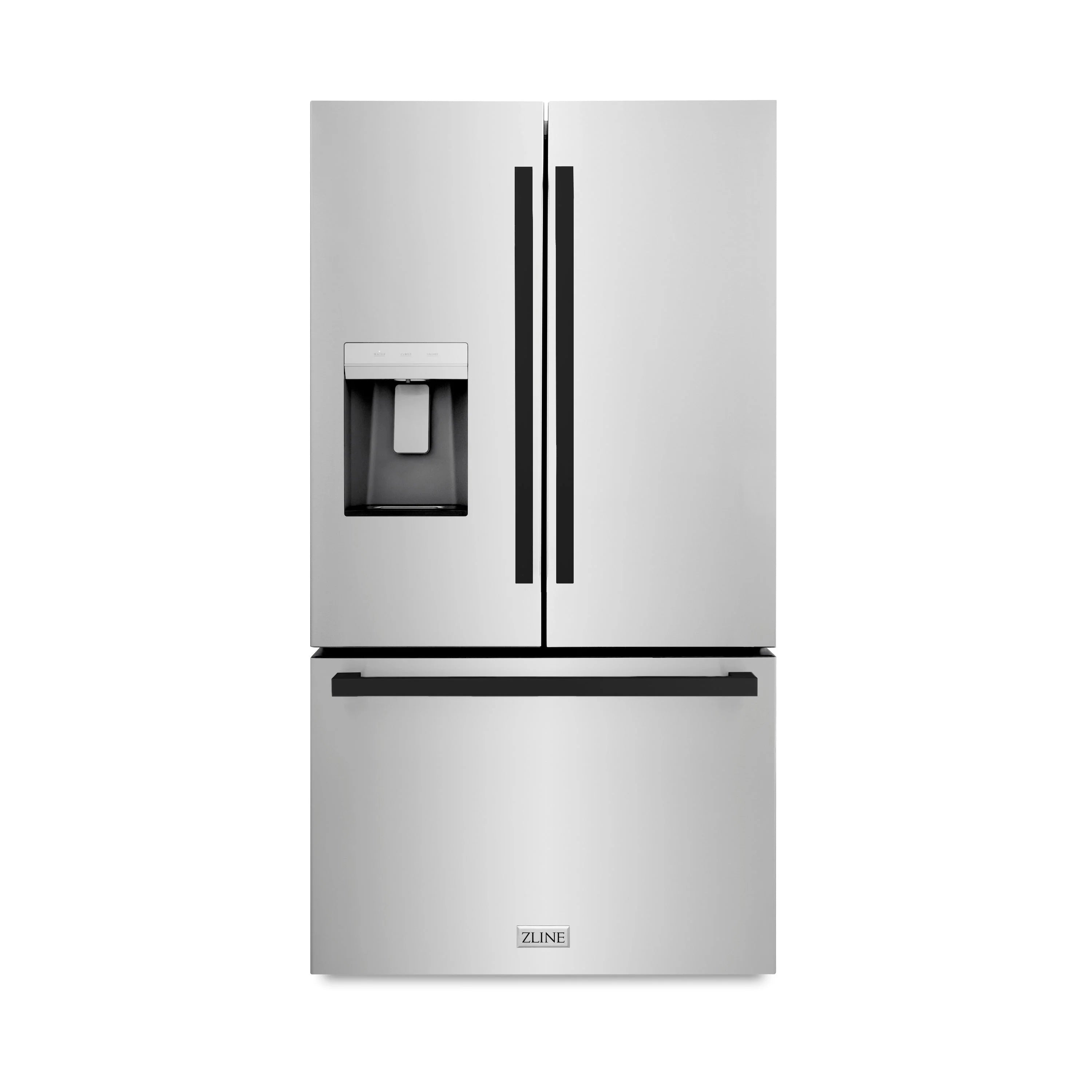Stainless steel French door refrigerator with external water dispenser