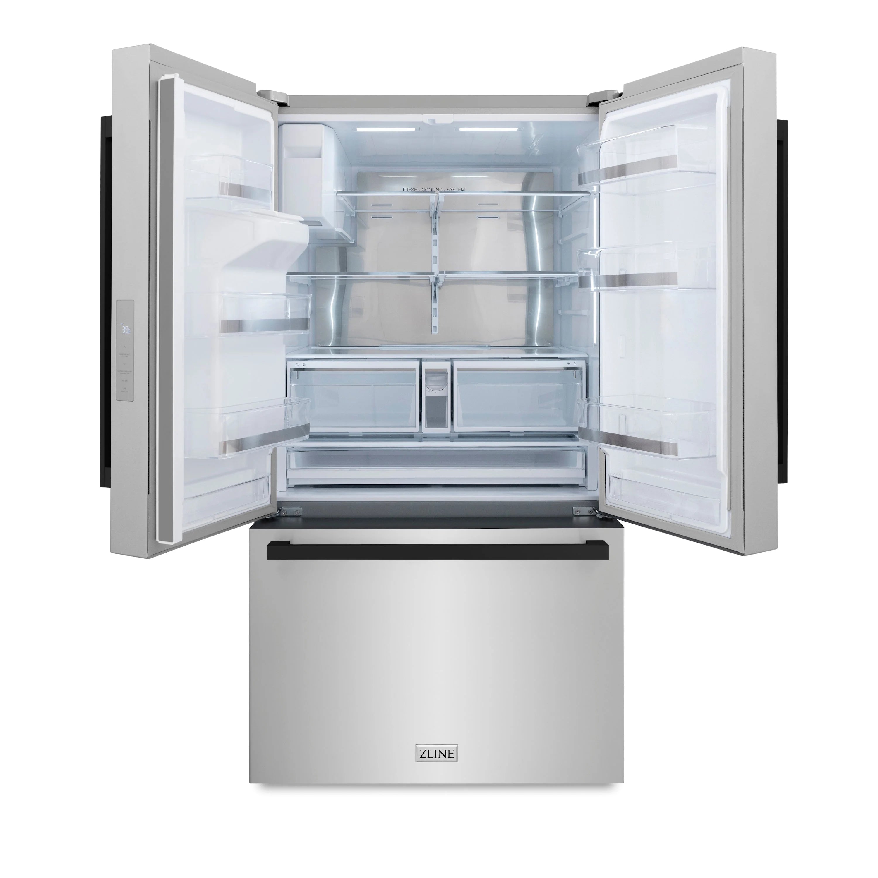 Stainless steel French door refrigerator with external dispenser area