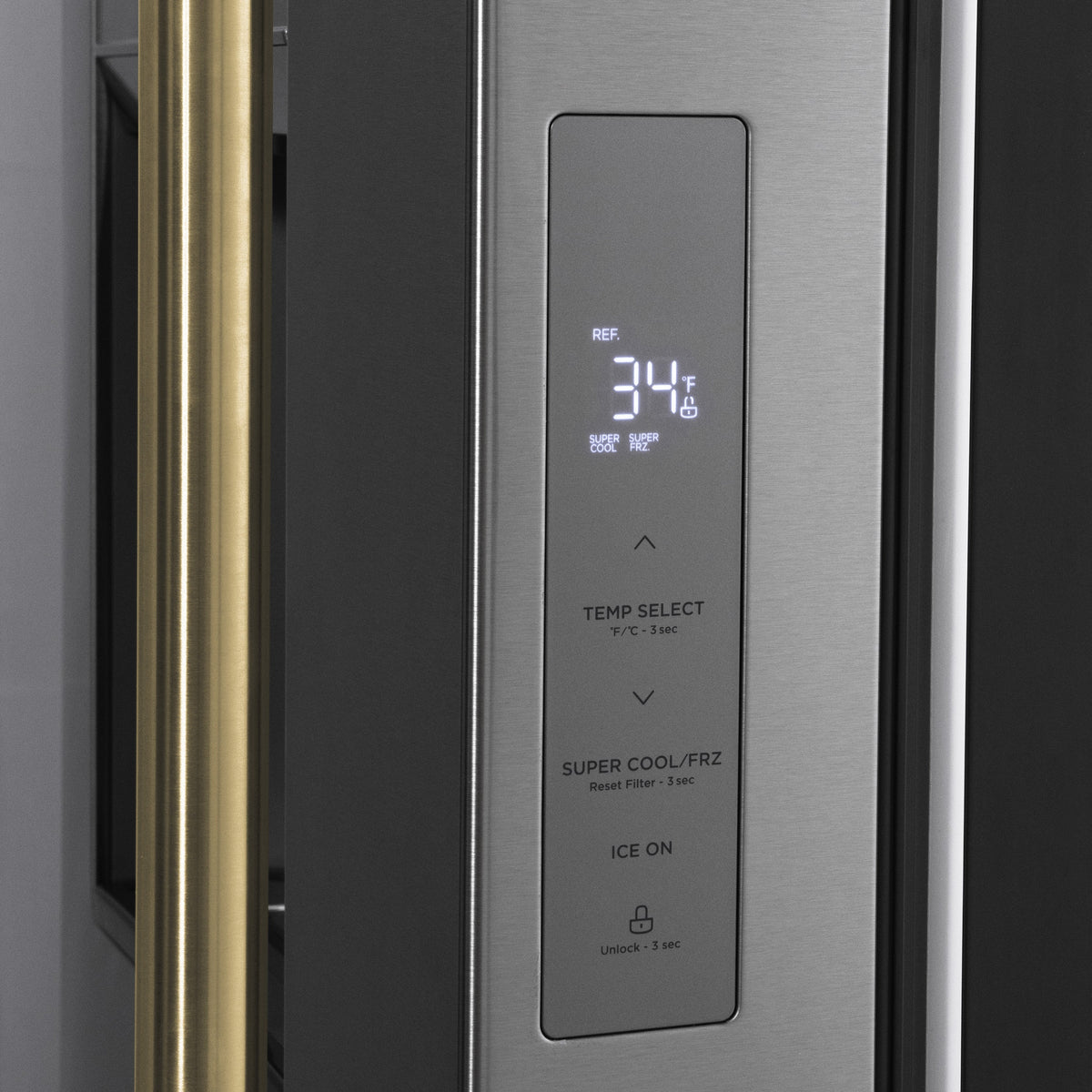 Stainless refrigerator dispenser control panel with temperature display and buttons