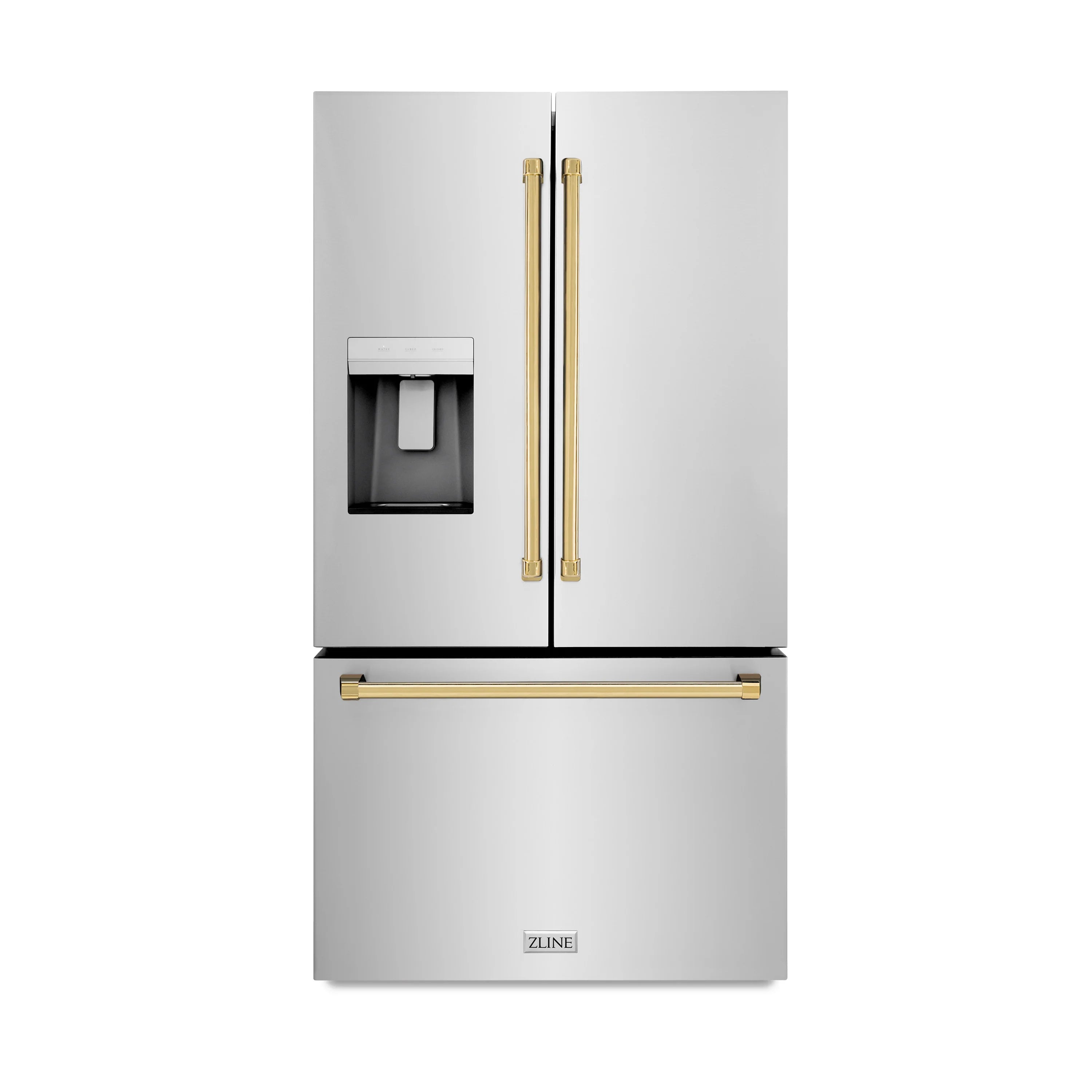 Stainless steel French door refrigerator with water dispenser and gold vertical handles