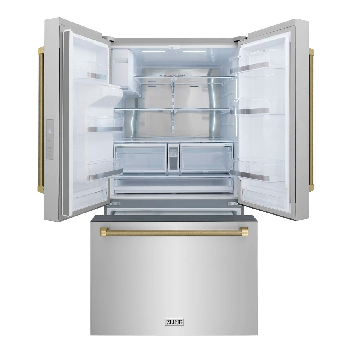 Stainless steel French door refrigerator interior with adjustable shelves and door storage bins