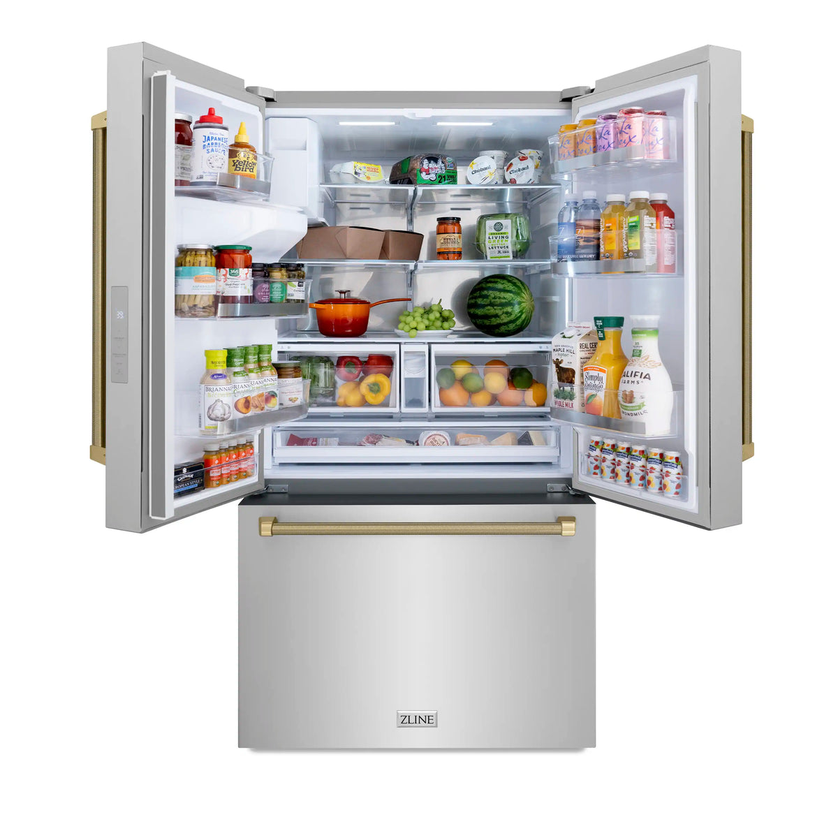 Stainless steel French door refrigerator with water dispenser and dual ice maker, open