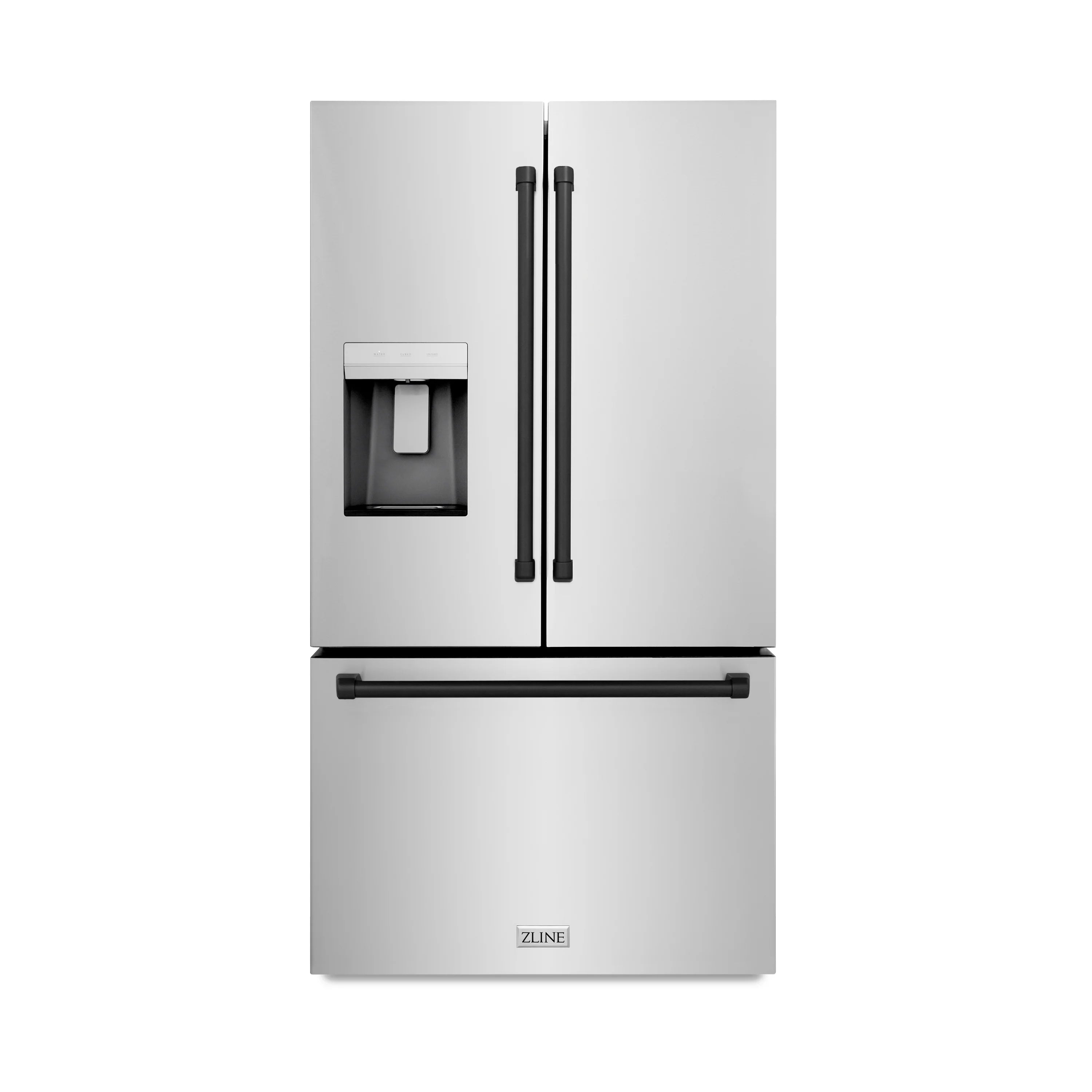 Stainless steel refrigerator with matte black external water dispenser and bar handles
