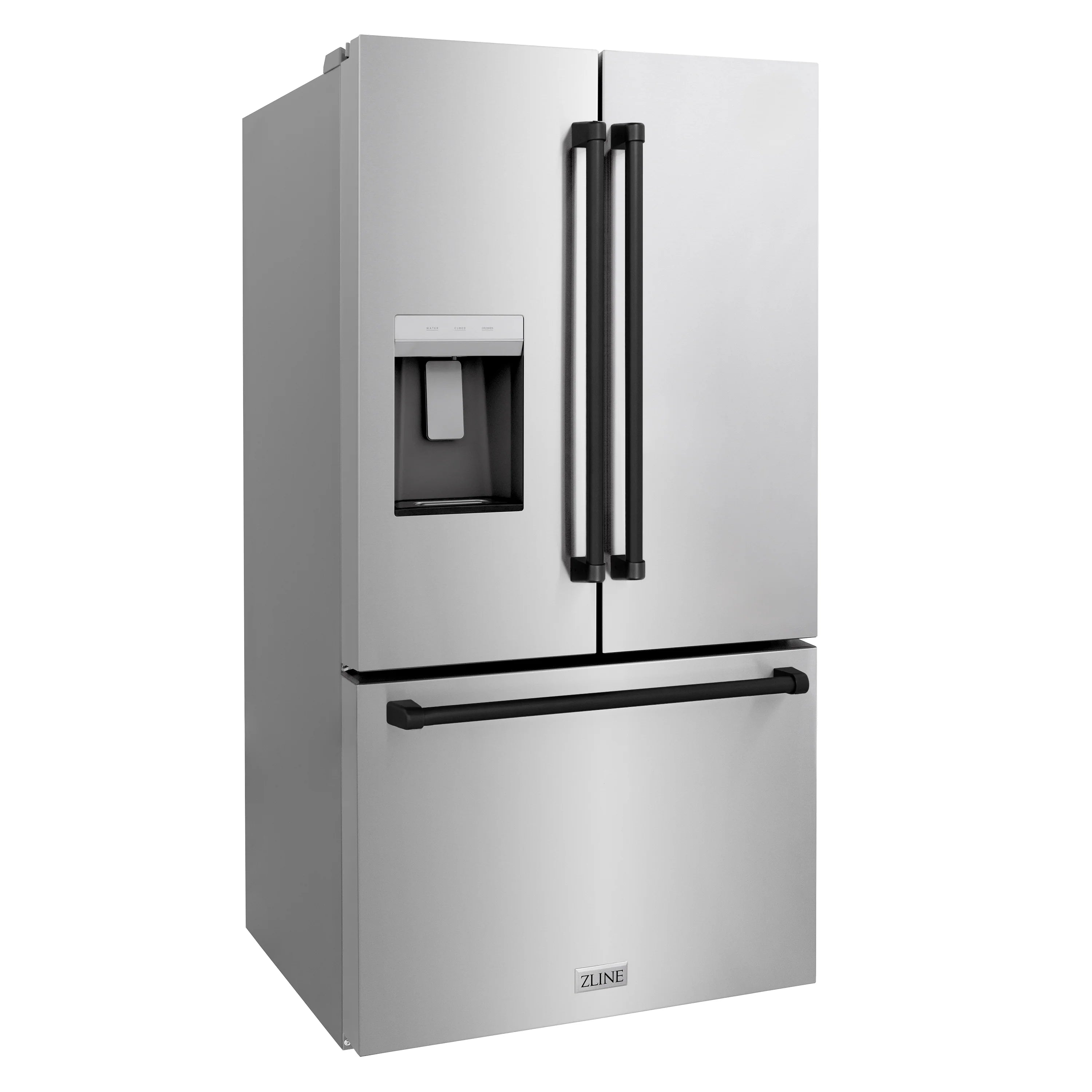 Stainless steel French door refrigerator with dual matte black handles and dispenser