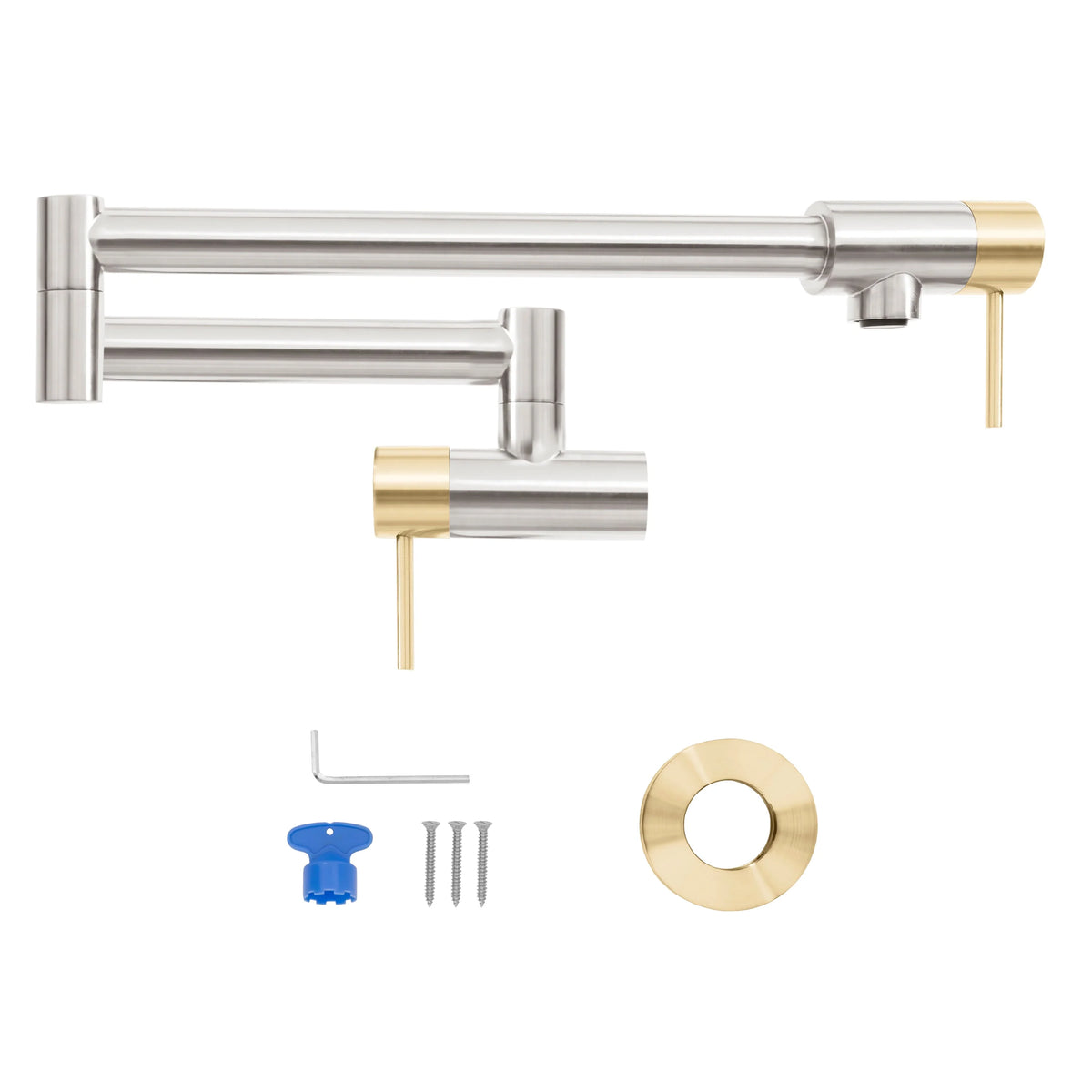 Gemini pot filler kit components in brushed nickel and champagne bronze, incl. handle