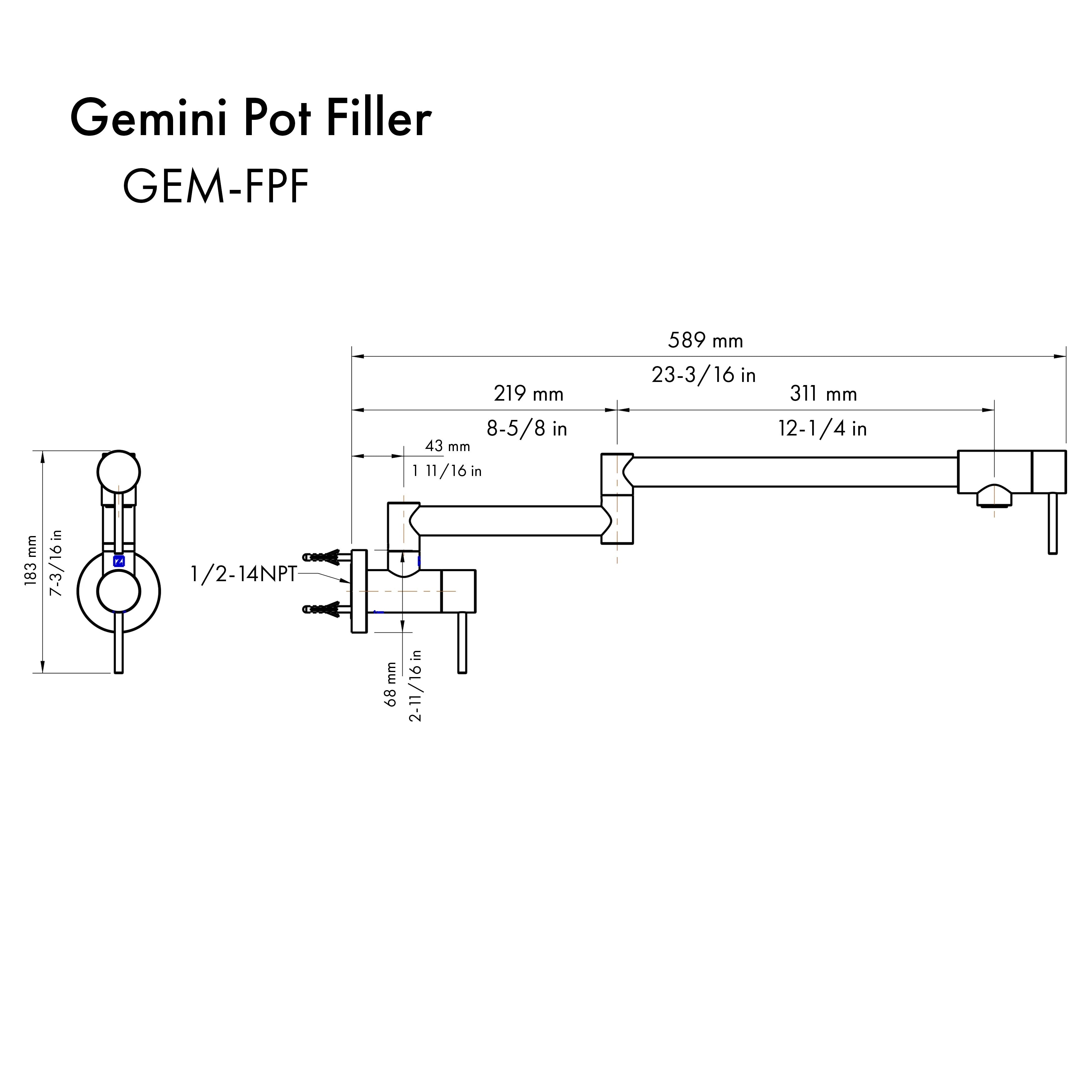 Pot filler faucet technical line drawing with labeled dimensions.