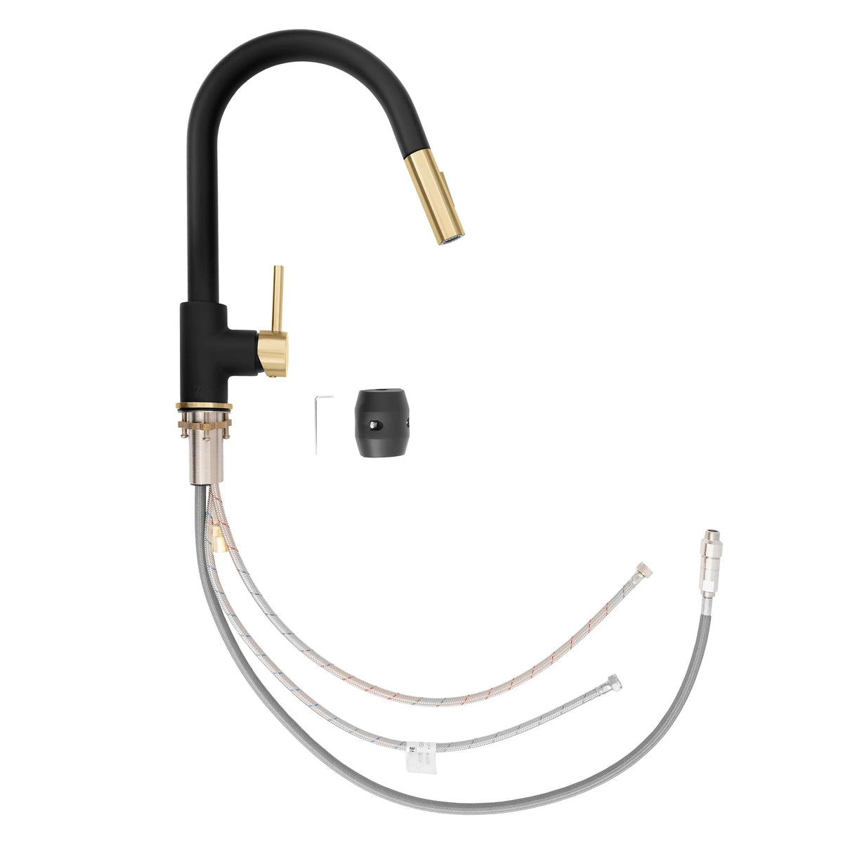 Matte black faucet body with champagne bronze fittings and pull-down hose set