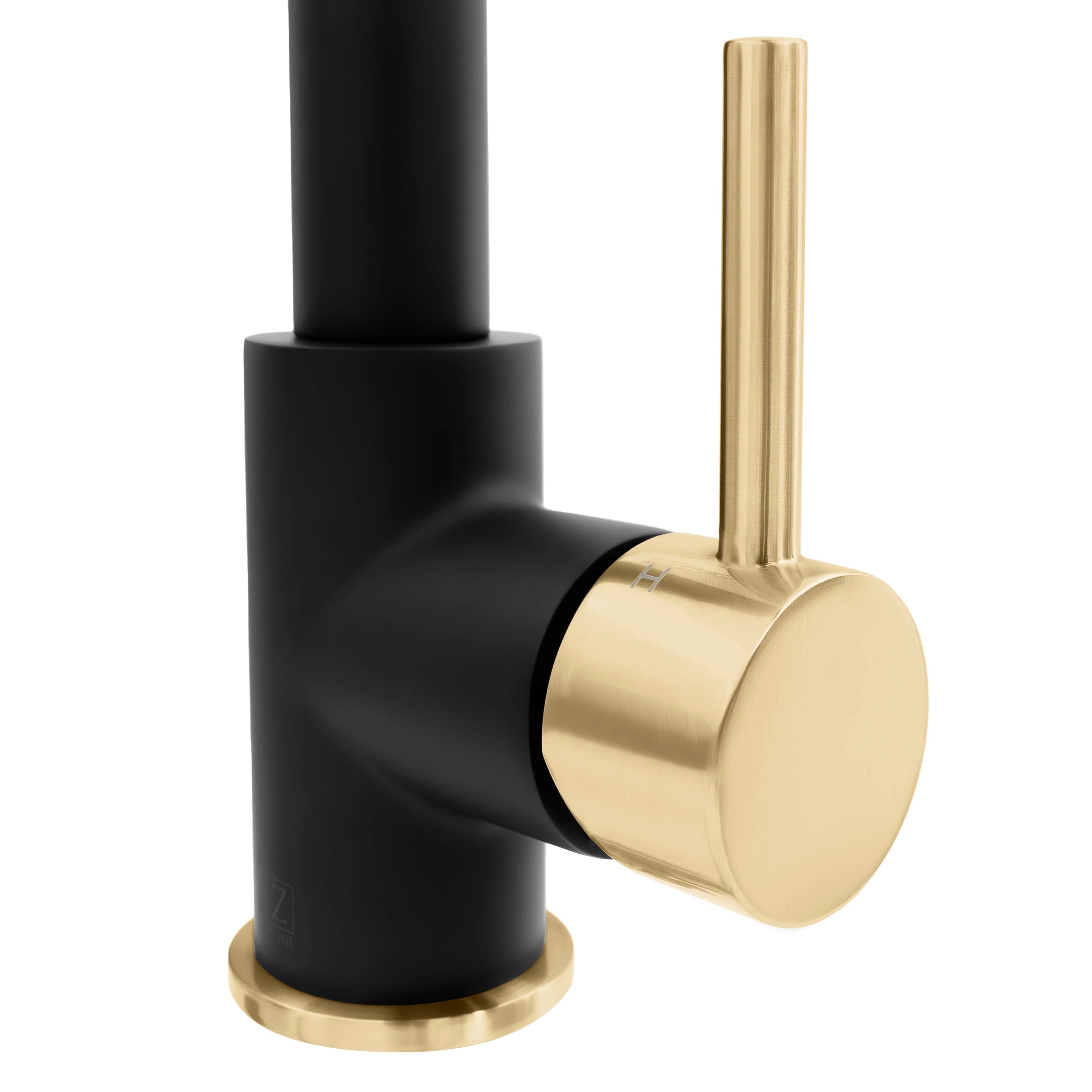 Matte black single-handle kitchen faucet with champagne bronze pull-down spout and hose