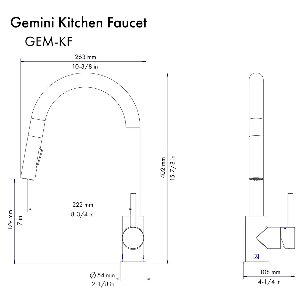 Kitchen faucet dimension diagram showing pull-down spout, handle, and base