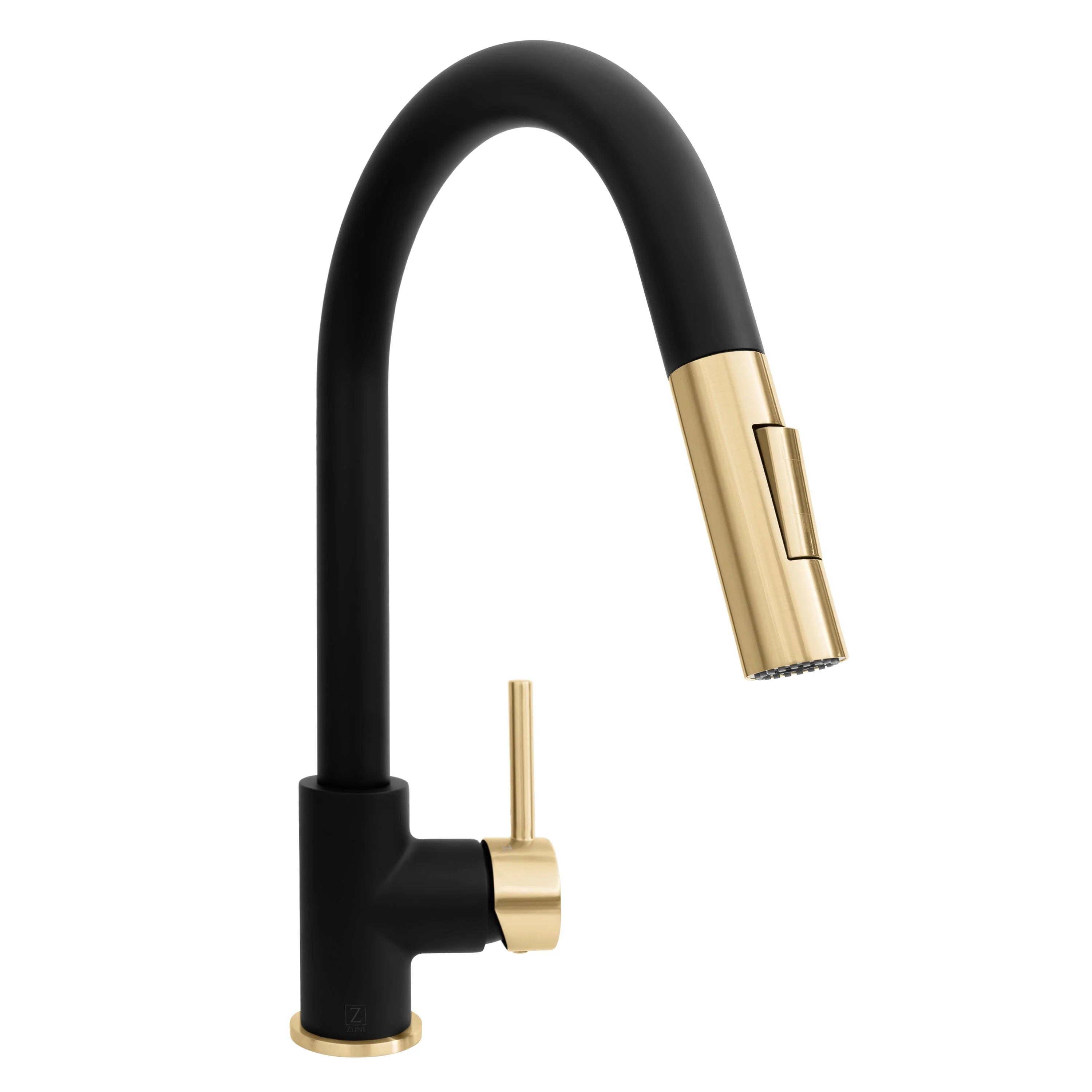 Matte black single-handle kitchen faucet with champagne bronze spout and handle
