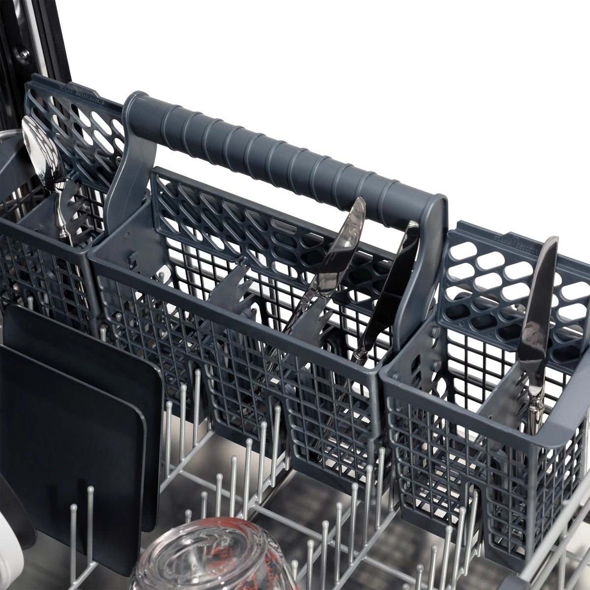 Dishwasher upper rack with dark dividers and blue handle