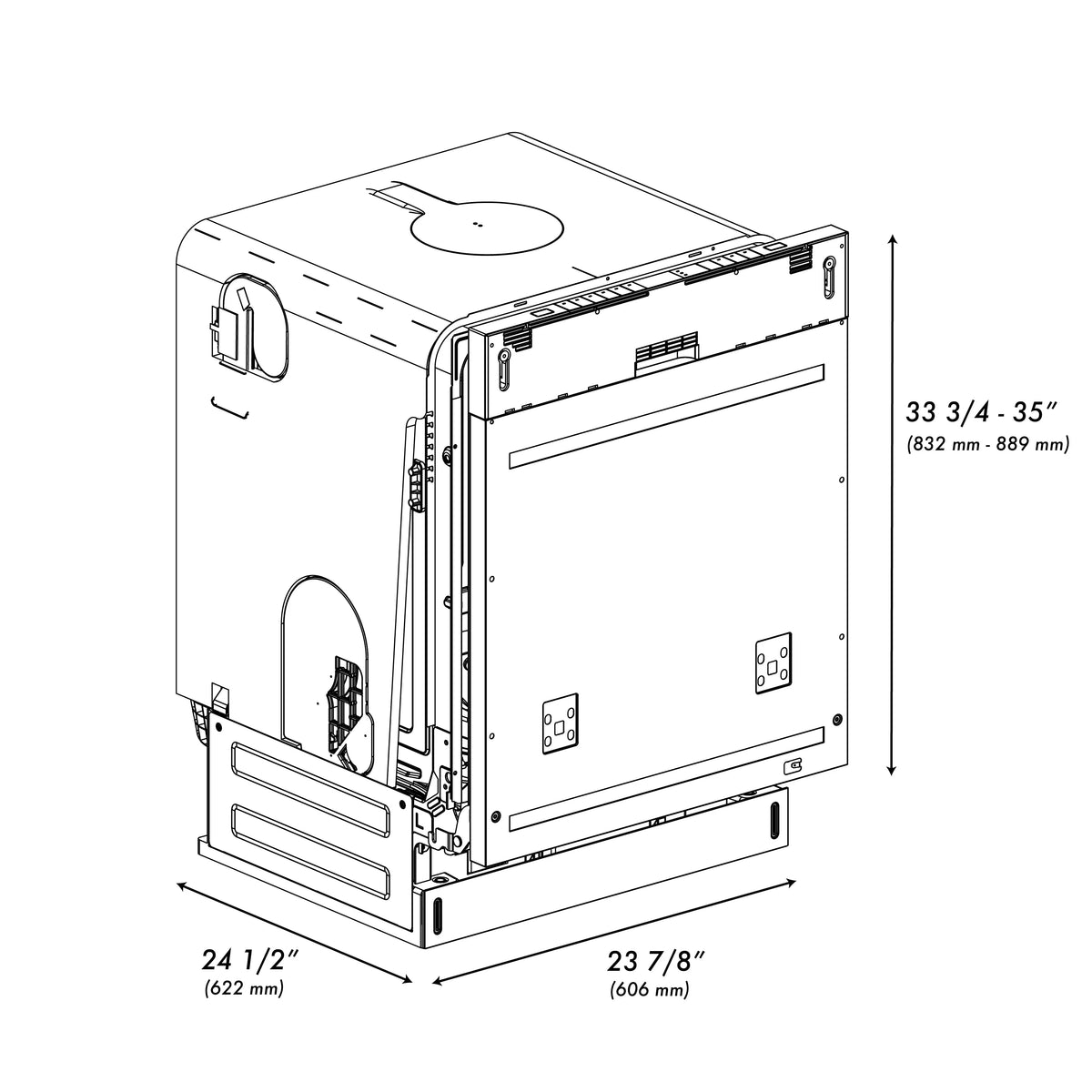 24-inch tall dishwasher dimension diagram with open front and controls