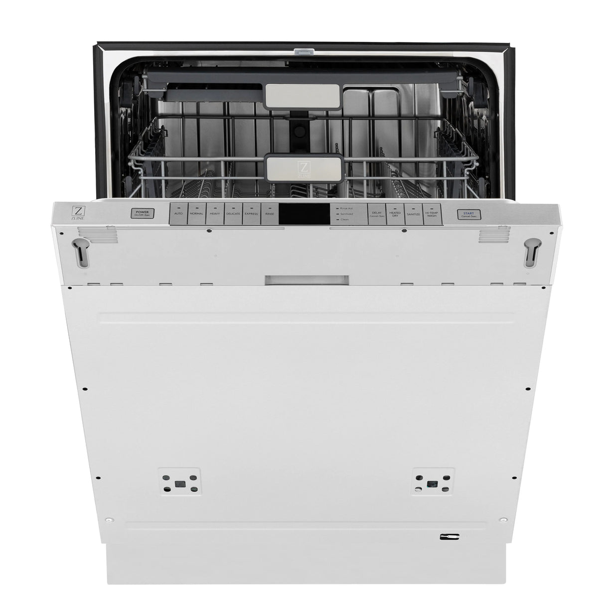 Panel-ready dishwasher with open door, top rack and touch control panel