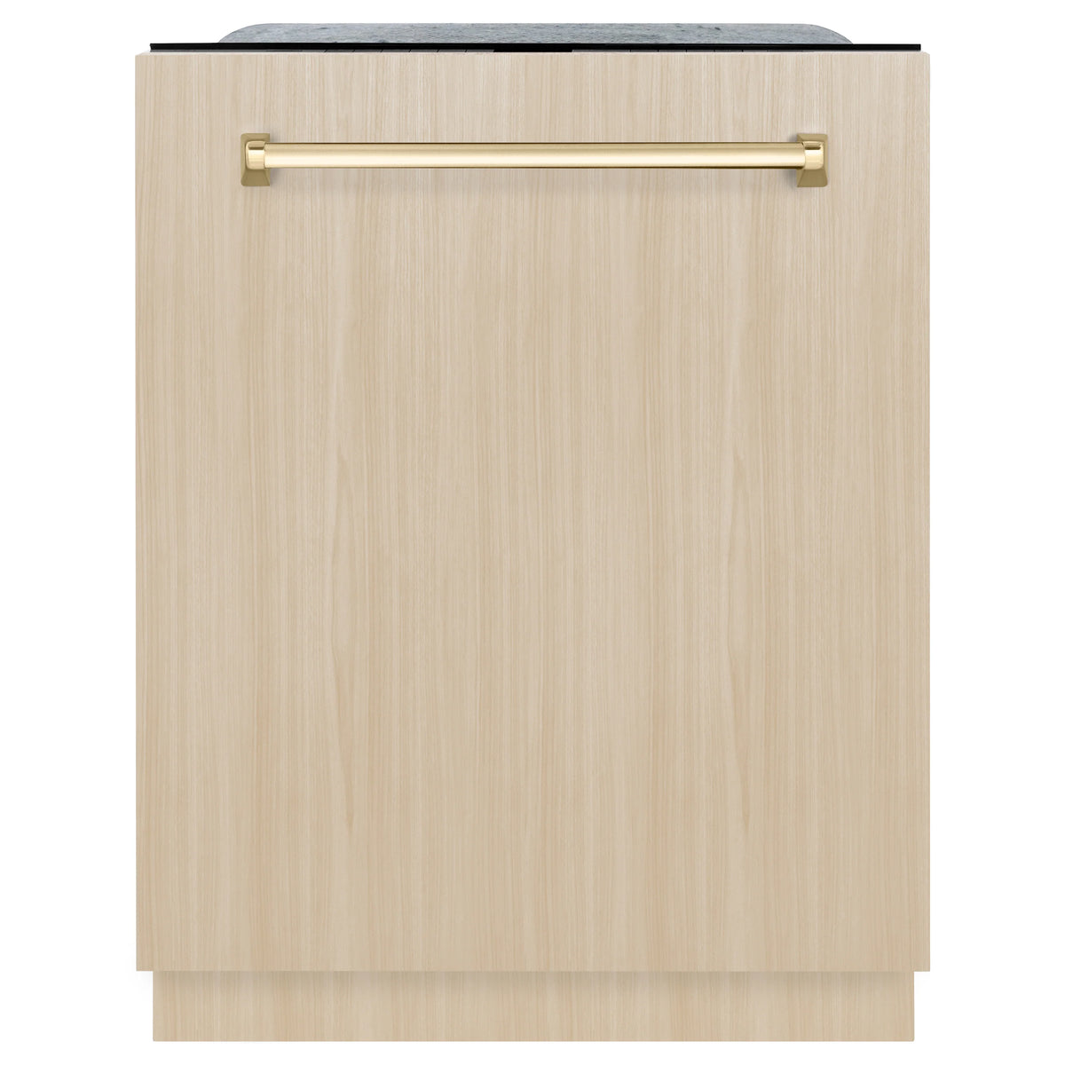 Panel-ready dishwasher front with light wood panel and gold handle bar