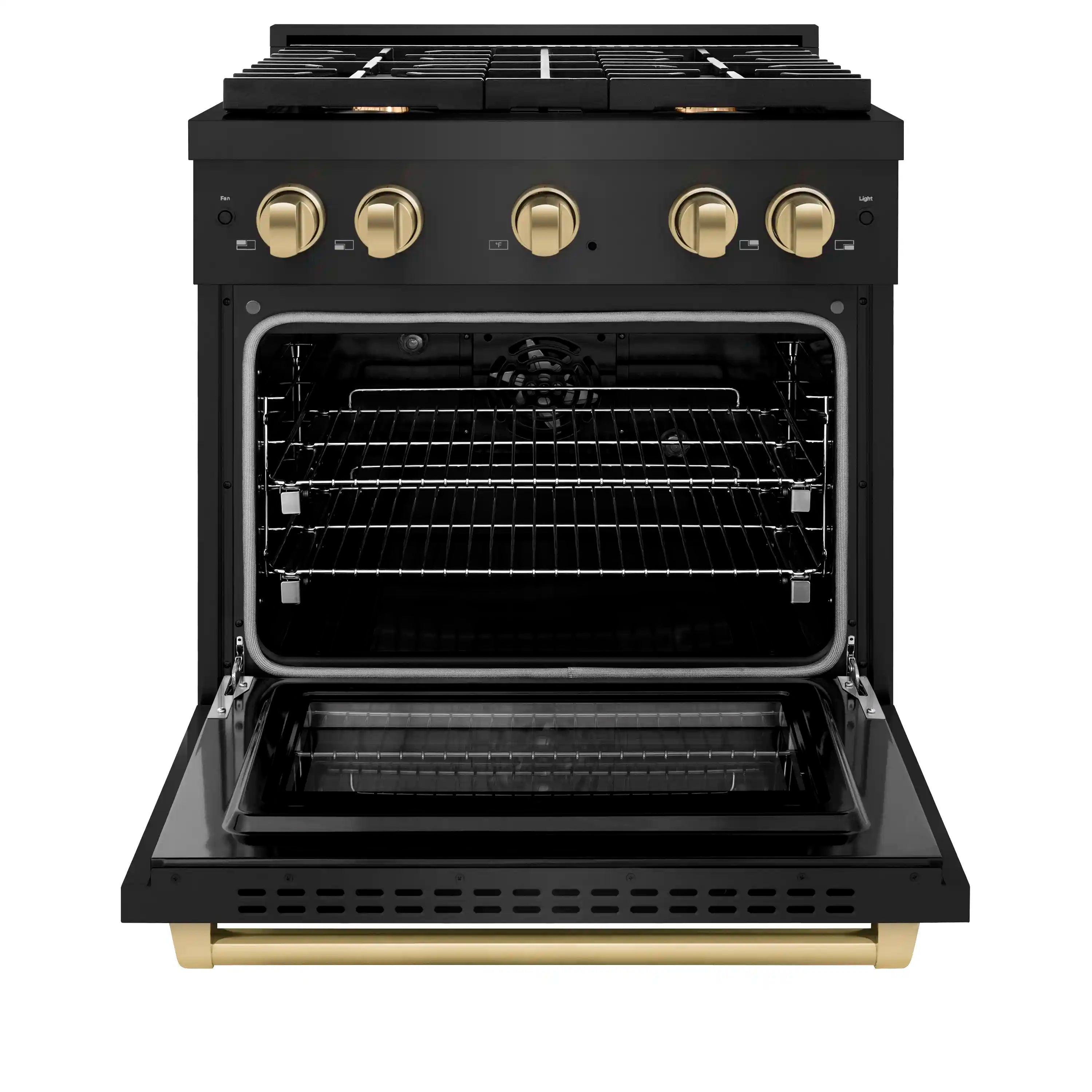 Black dual fuel range with oven door open and wire rack inside
