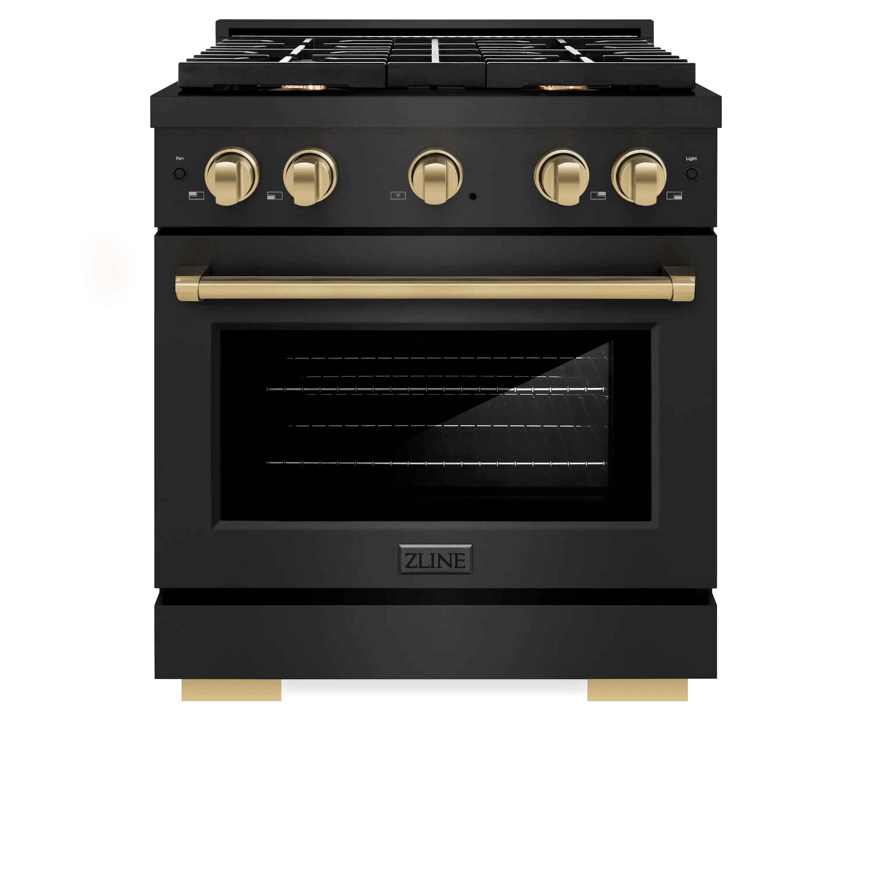 Black dual fuel range with champagne bronze knobs and oven handle bar