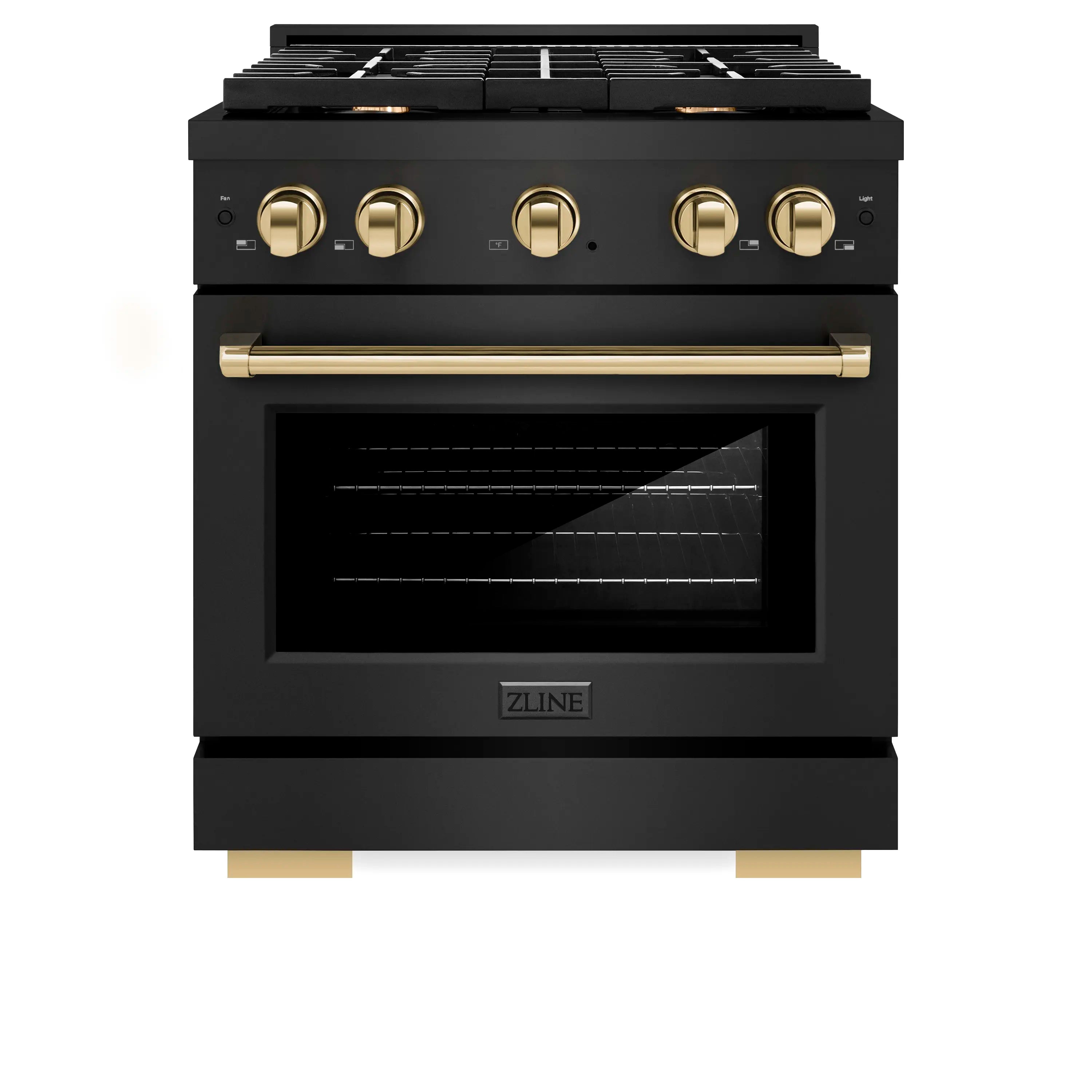 Front view of black dual fuel range with gold handle, knobs, and closed oven door