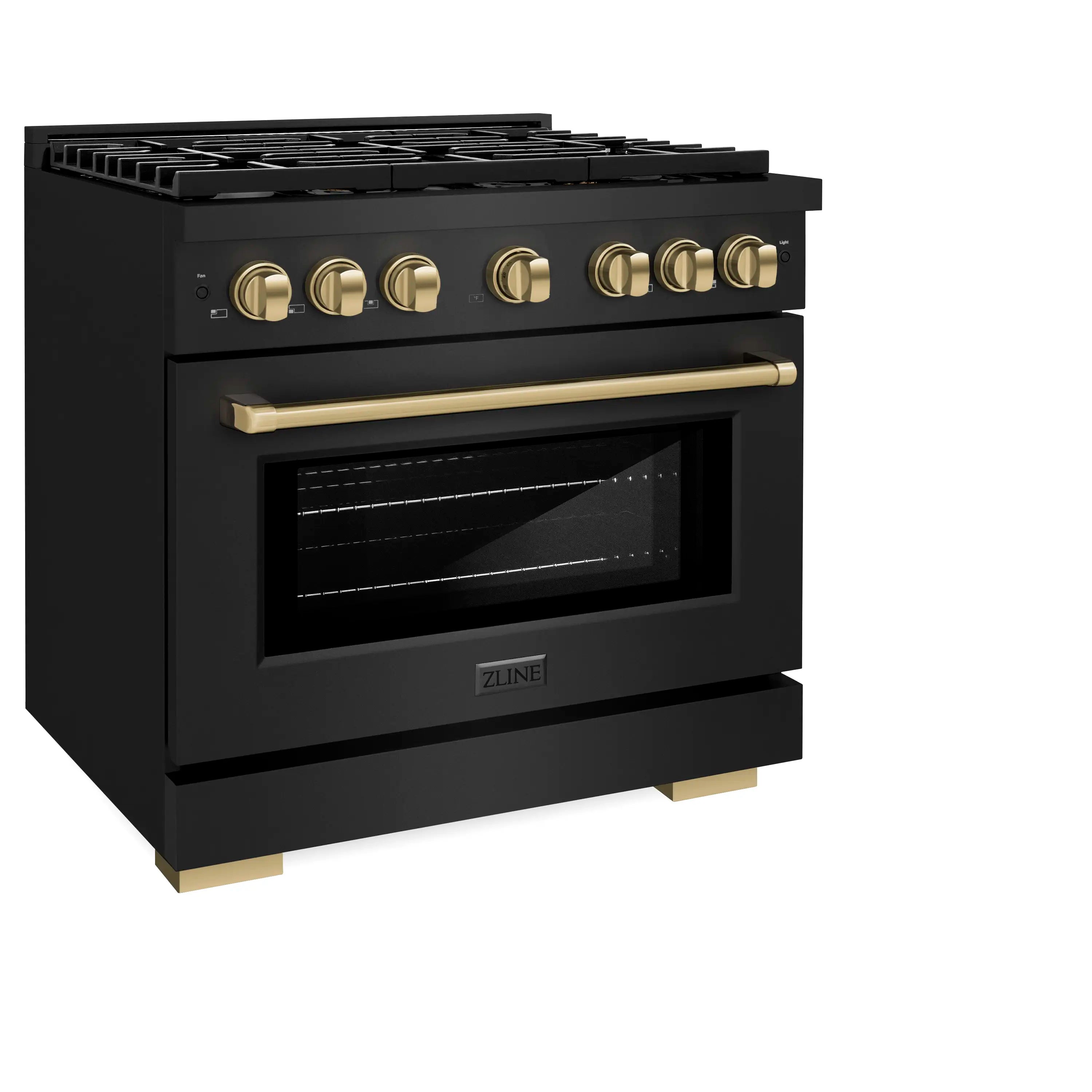 Black stainless dual fuel range with 6 burners, champagne bronze knobs, and handle