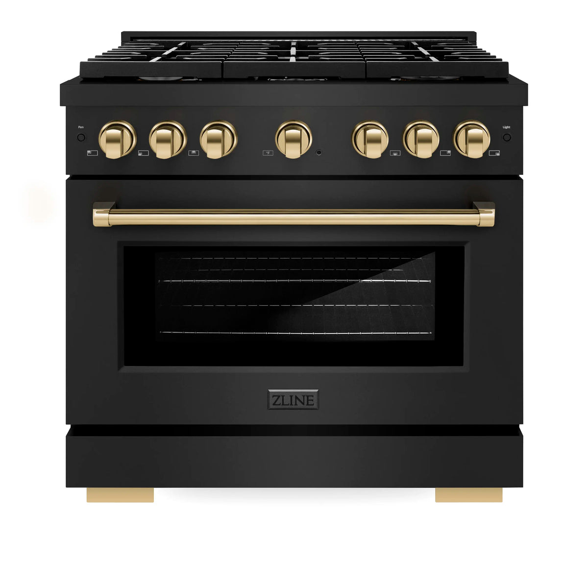 ZLINE 4-Piece Appliance Package - 36-Inch Paramount Dual Fuel Range, Refrigerator, Dishwasher, and 24-Inch Microwave Drawer in Black Stainless Steel with Gold Accents