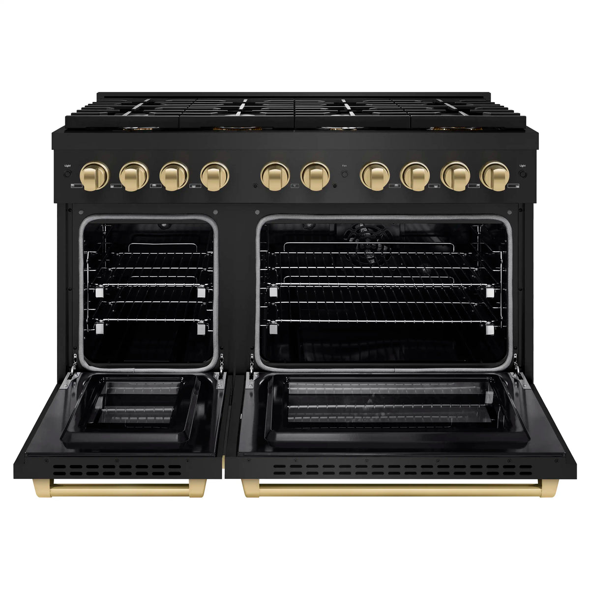 Black double-oven range with both ovens open, racks visible, and champagne bronze handles