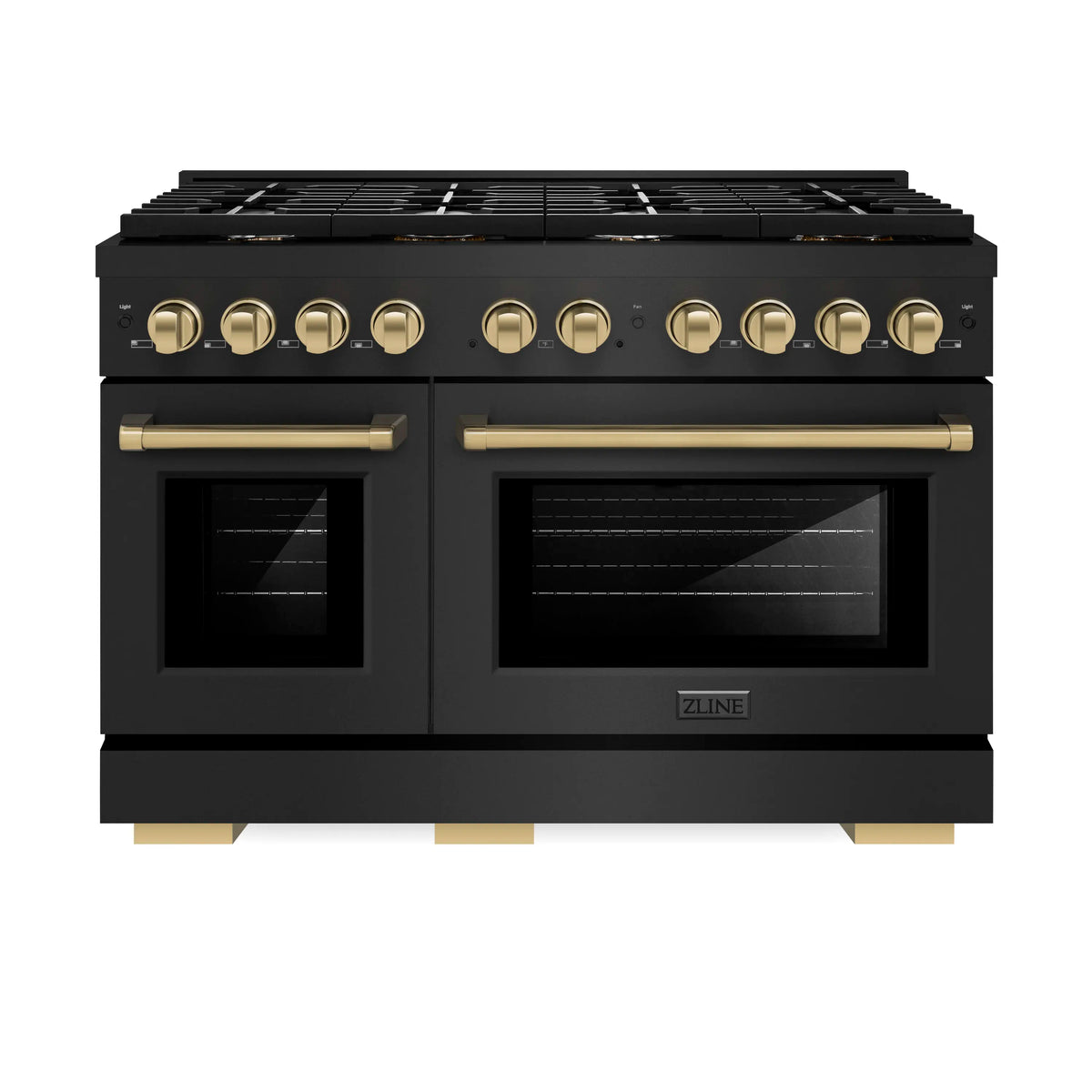 ZLINE 4-Piece Appliance Package - 48-Inch Paramount Dual Fuel Range, Refrigerator with Water Dispenser, Dishwasher, and 24-Inch Microwave Drawer in Black Stainless Steel with Champagne Bronze Accents